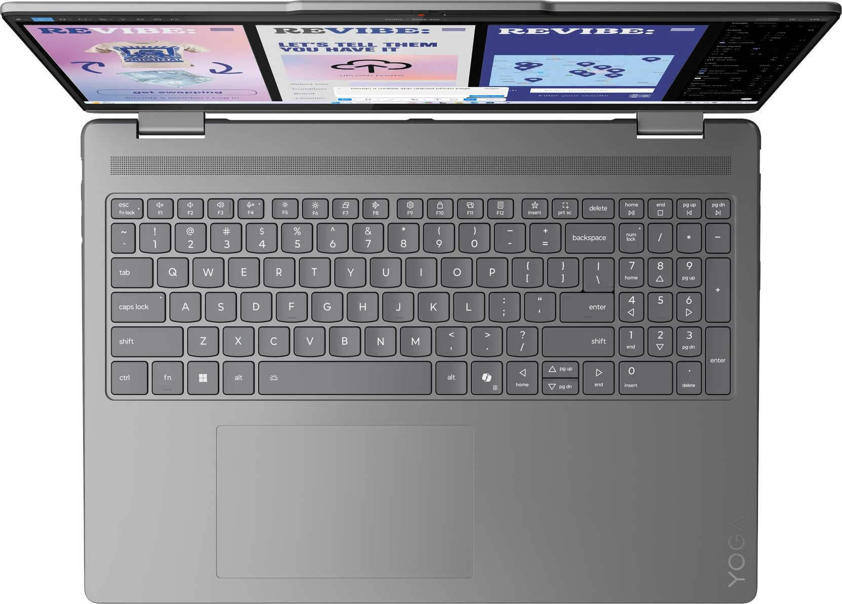 Geöffneter Laptop, der einen Bildschirm mit Webseiten zeigt. Tastatur sichtbar. Graue Farbe. YOGA-Logo unten rechts.