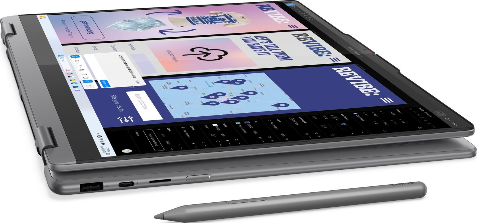 Ein Laptop mit Stift auf weißem Hintergrund. Der Bildschirm zeigt eine Website mit Bildern und Text zu Kleidung.