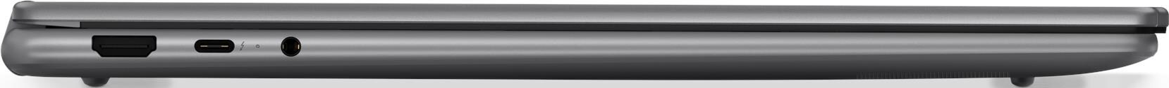 Seitenansicht eines grauen Laptops mit Anschlüssen: HDMI, USB-C, Audioanschluss. Der Laptop ist leicht geöffnet.