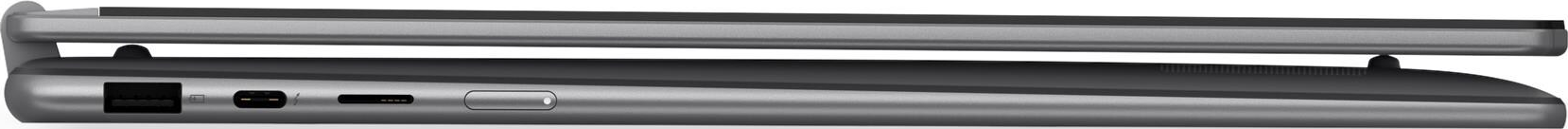 Seitenansicht eines grauen Laptops mit Anschlüssen, einschließlich USB, USB-C und einem Power-Button. Der Bildschirm ist geöffnet.