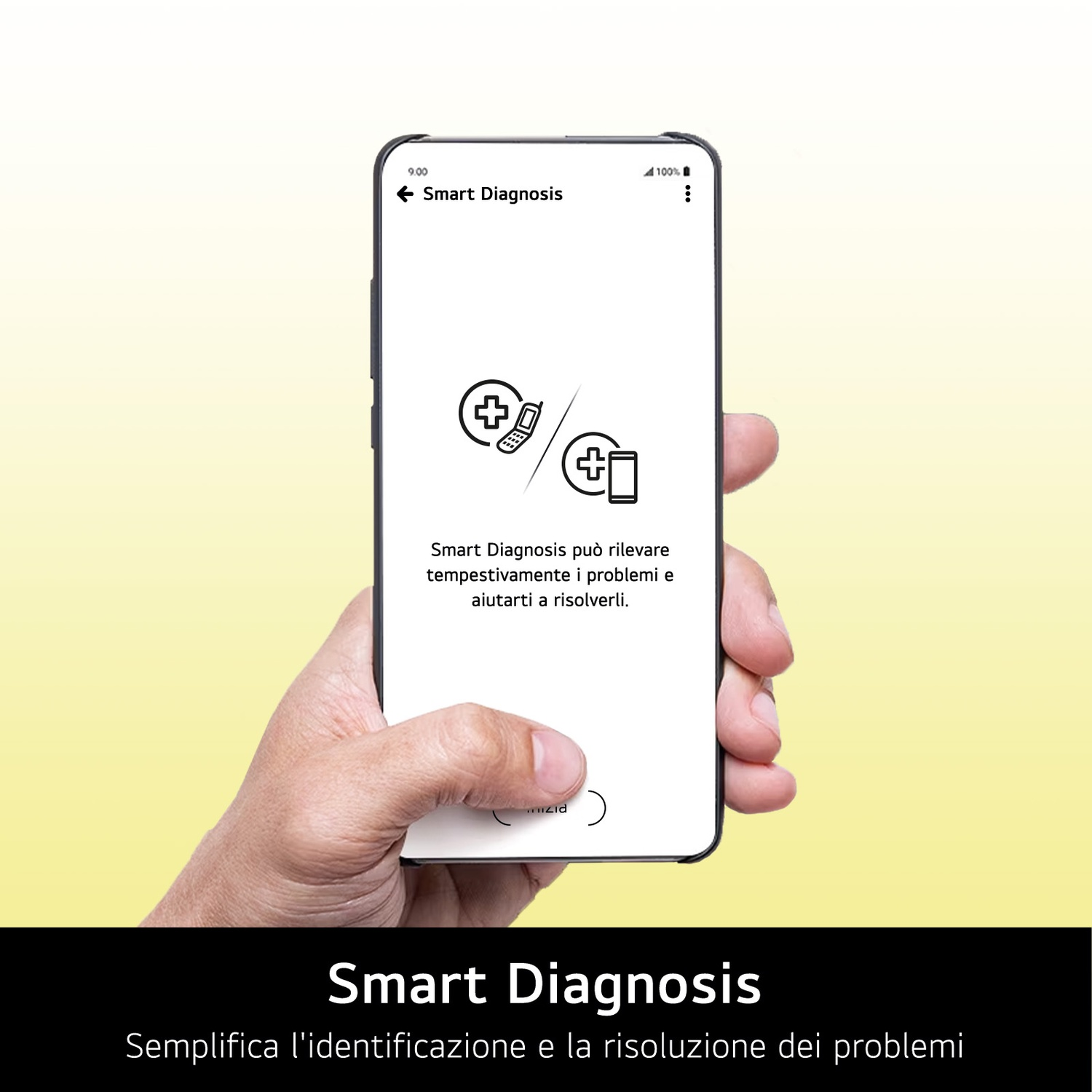 Una mano tiene uno smartphone con schermo 'Smart Diagnosis'. Sono visibili icone di telefono e tablet con un segno più.