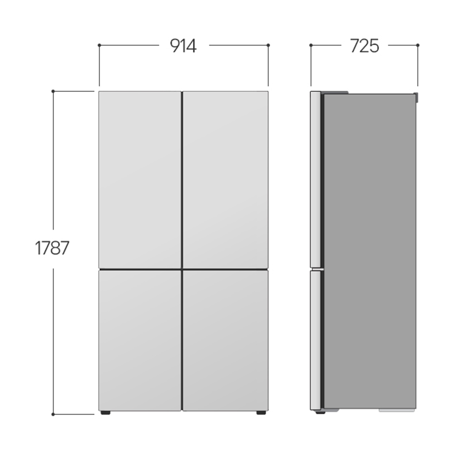 Diagramma di un frigorifero con dimensioni. Vista frontale con quattro ante, vista laterale con due. Misure: 1787 mm altezza, 914 mm larghezza, 725 mm profondità.