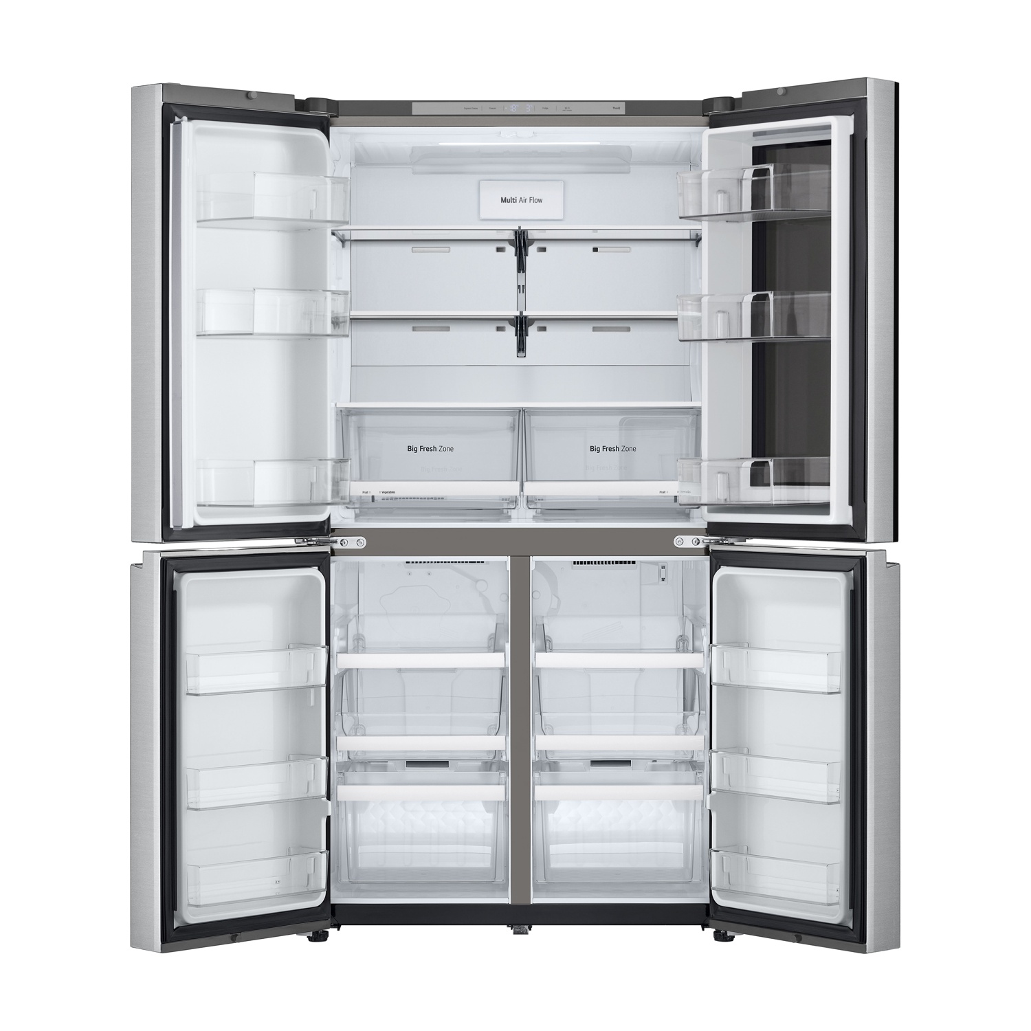 Un frigorifero in acciaio inossidabile con tutte le porte aperte, che rivela ripiani, cassetti e scomparti per la conservazione degli alimenti. L'interno è bianco.