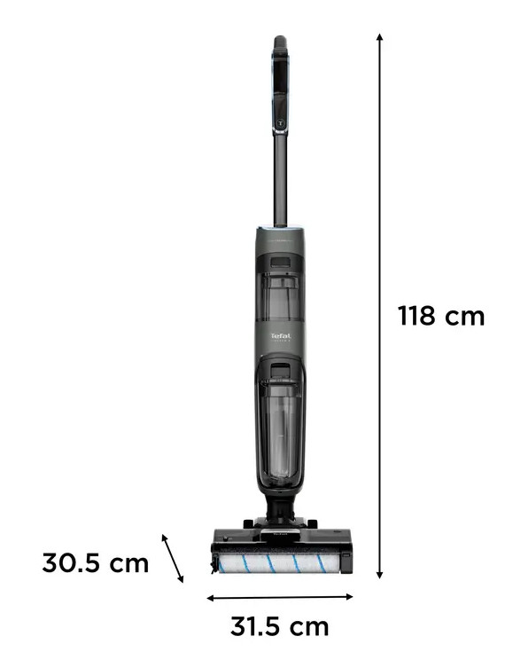 Pionowy odkurzacz Tefal. Wymiary: 118 cm wysokości, 31,5 cm szerokości i 30,5 cm głębokości. Ma czarno-szarą kolorystykę.