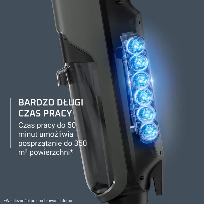 Zbliżenie odkurzacza pokazuje świecące niebieskie światła. Tekst wskazuje na długi czas pracy, do 50 minut na 350 m².