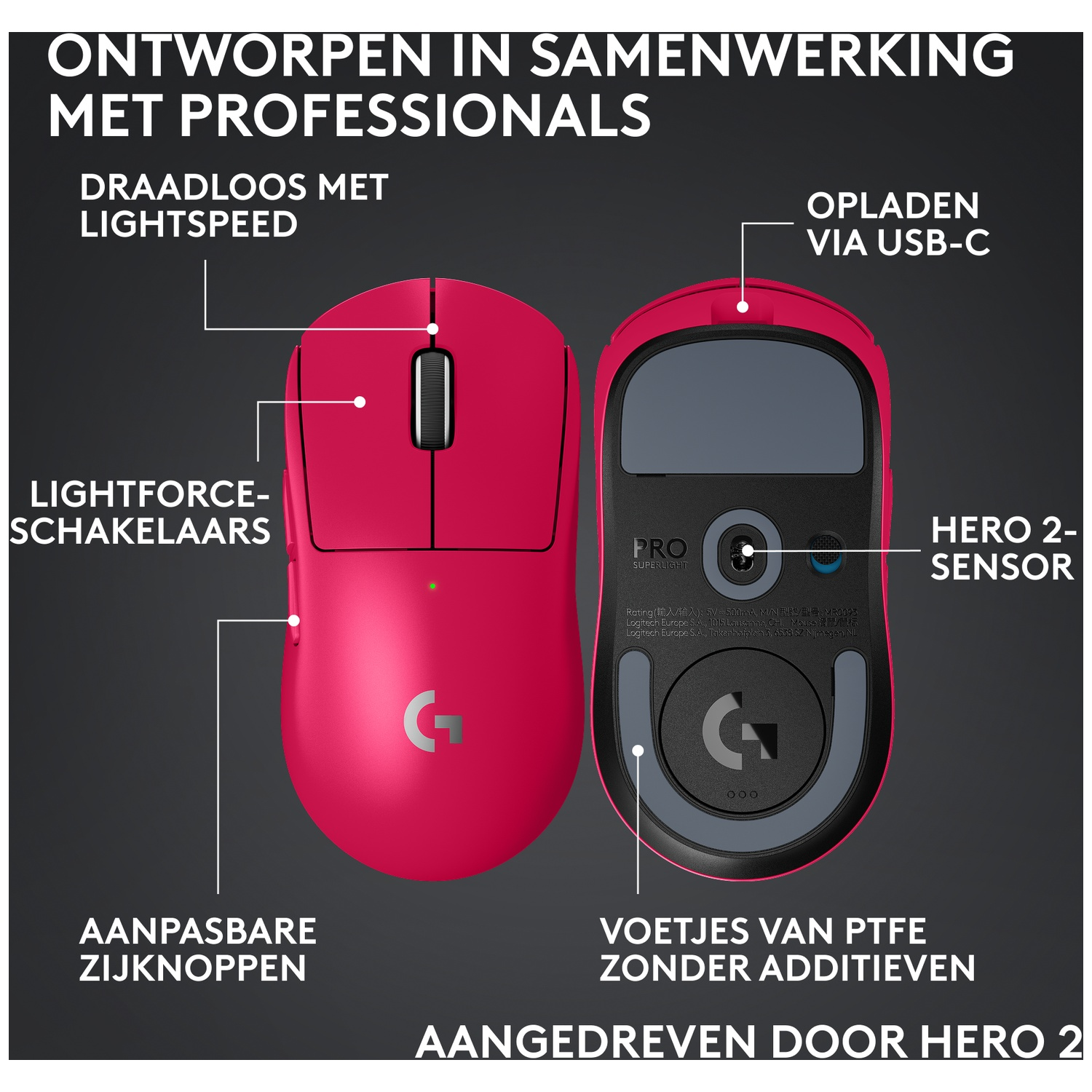 Pink wireless gaming mouse. Features include Lightforce switches, adjustable buttons, USB-C charging, and Hero 2 sensor.