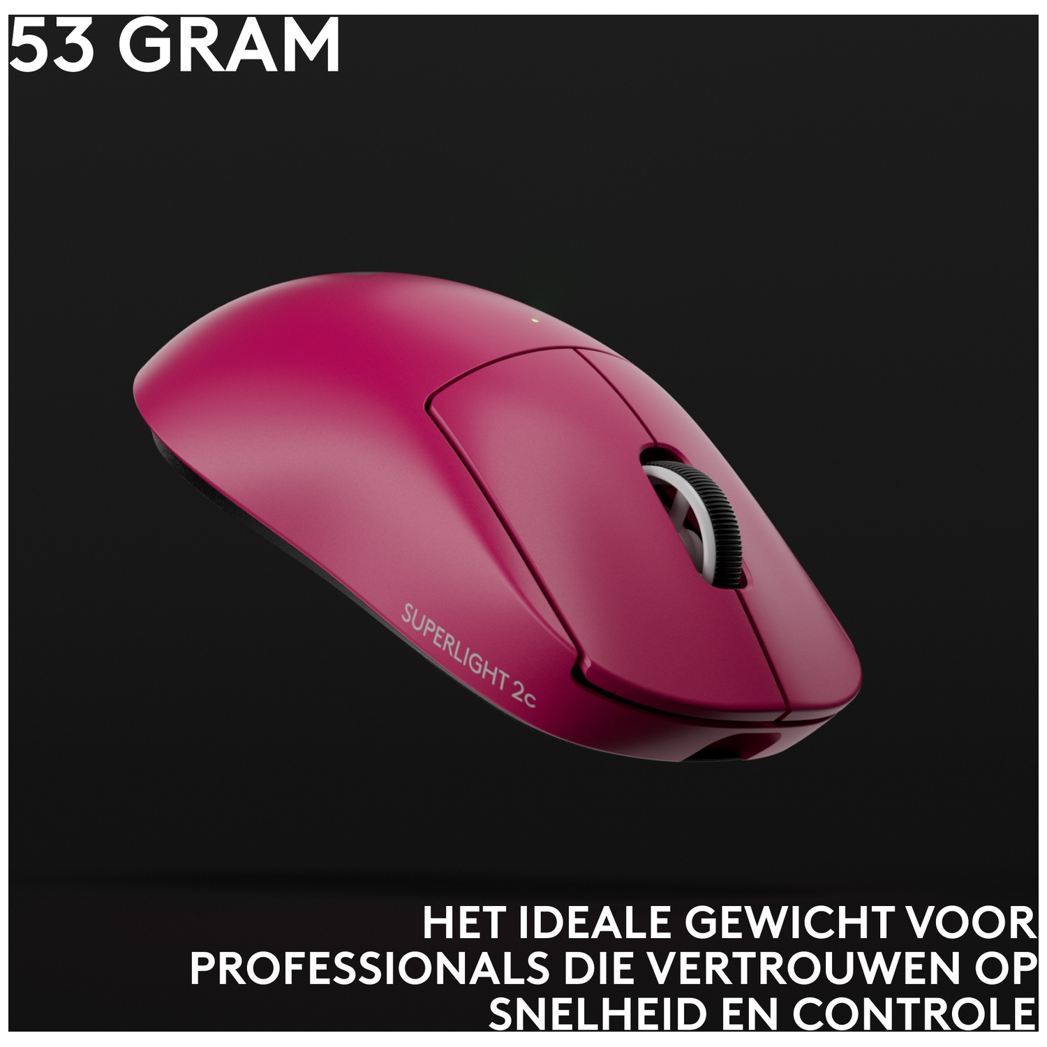A magenta wireless mouse with the text 'SUPERLIGHT 2c'. The background is dark, and the text '53 GRAM' is at the top.