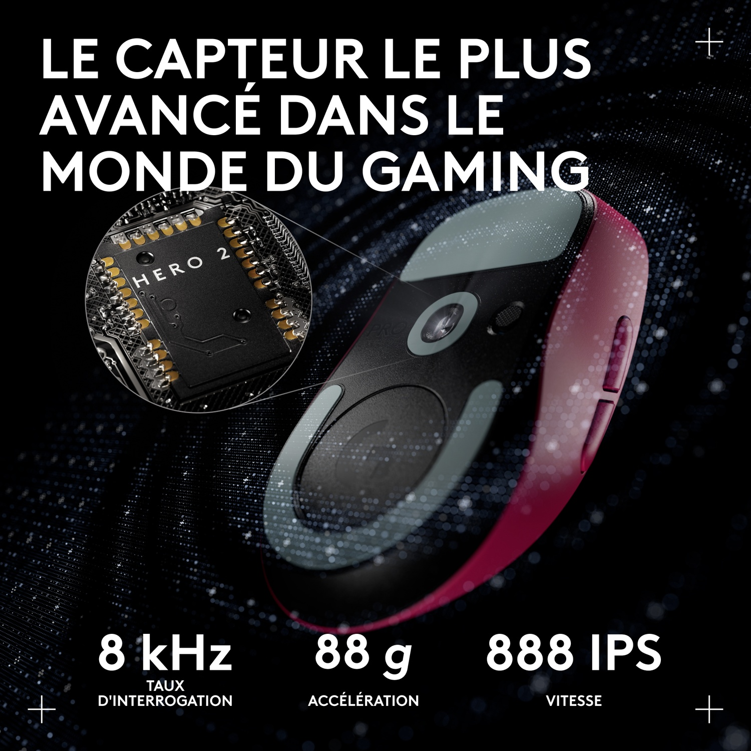 Une souris de jeu avec un gros plan de son capteur. Le texte met en évidence 8 kHz, 88 g et 888 IPS. Le fond est sombre avec des points blancs.