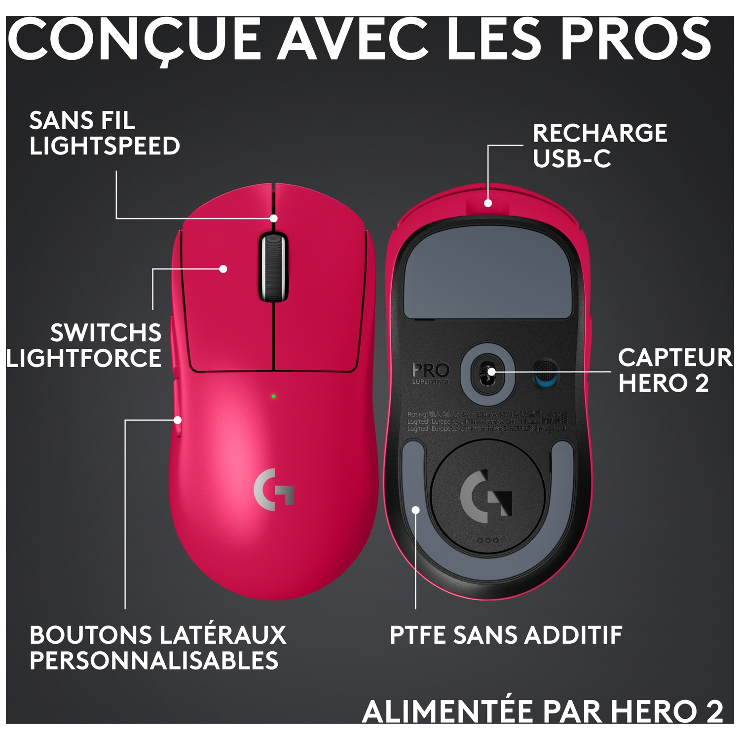 Une souris Logitech Pro Superlight rose avec des étiquettes : Lightspeed, USB-C, Lightforce, capteur Hero 2 et boutons latéraux personnalisables.