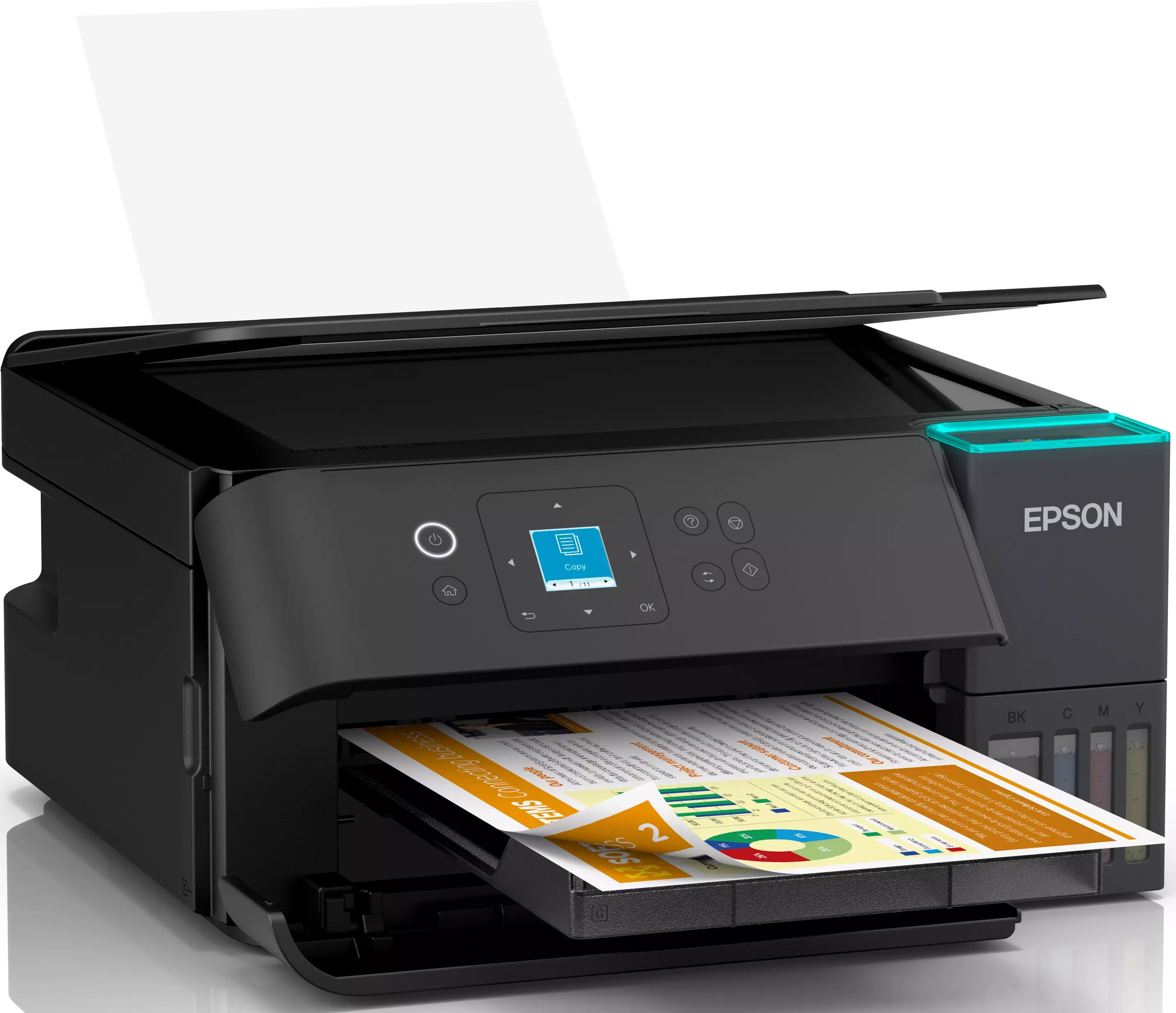 Stampante Epson nera che stampa un documento. La carta esce. C'è un pannello di controllo e cartucce d'inchiostro.