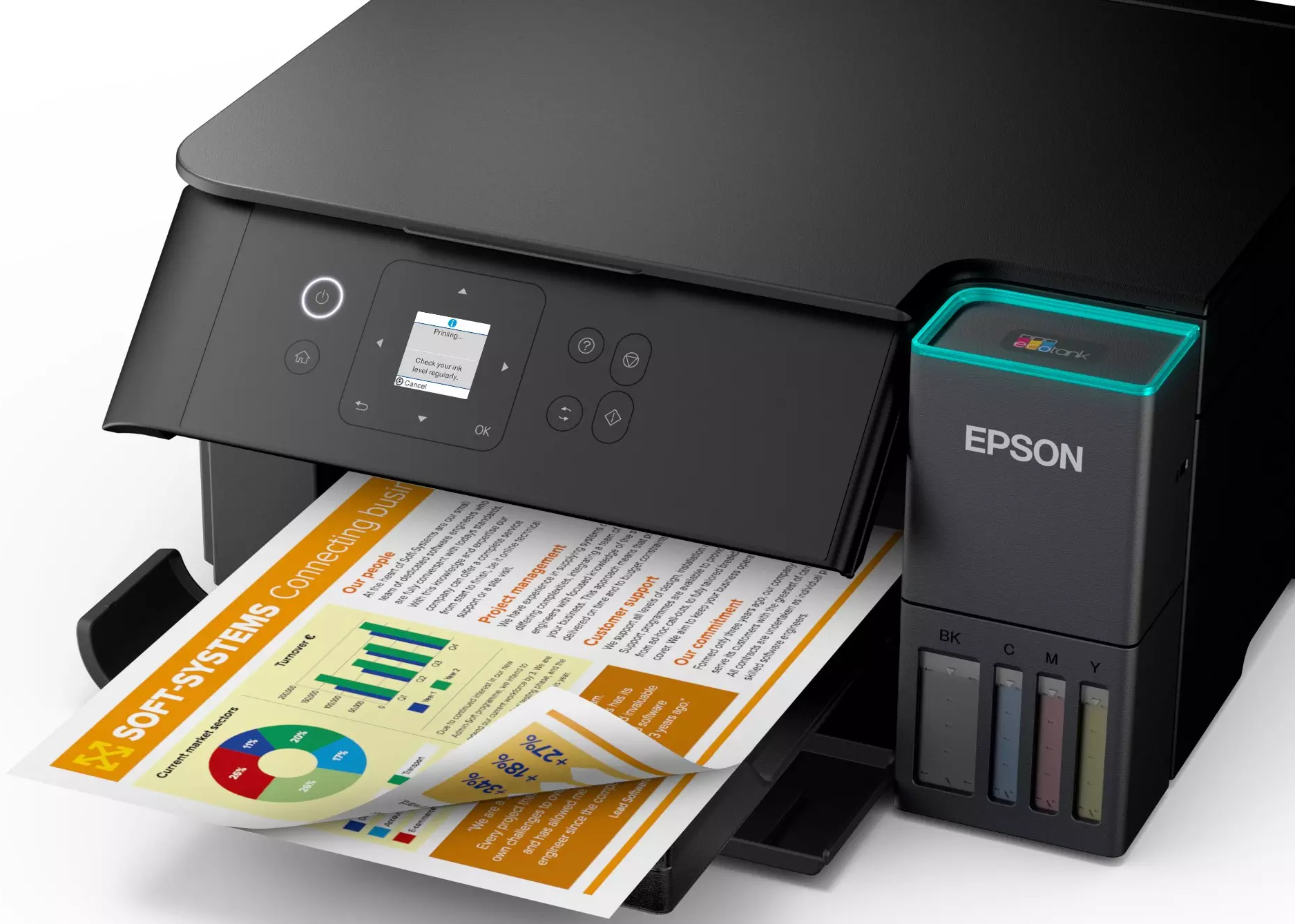 Stampante Epson nera che stampa un documento. Il documento mostra grafici e testo. Le cartucce d'inchiostro sono visibili a destra.
