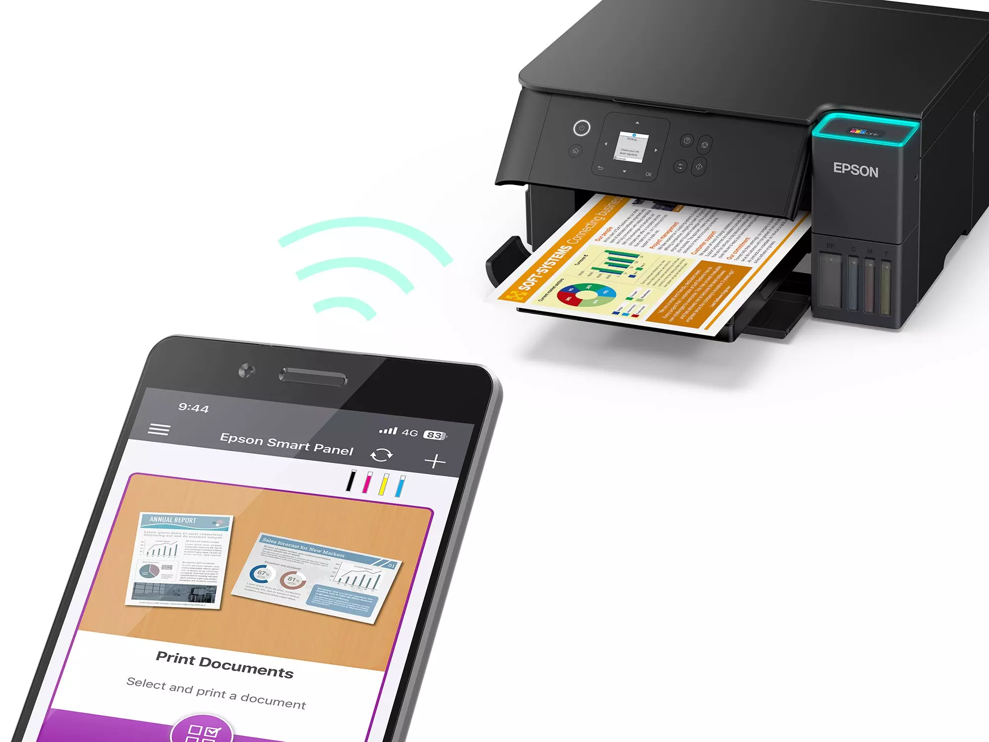 Una stampante Epson nera sta stampando un documento. Un telefono mostra il menu di stampa, con un segnale wireless.