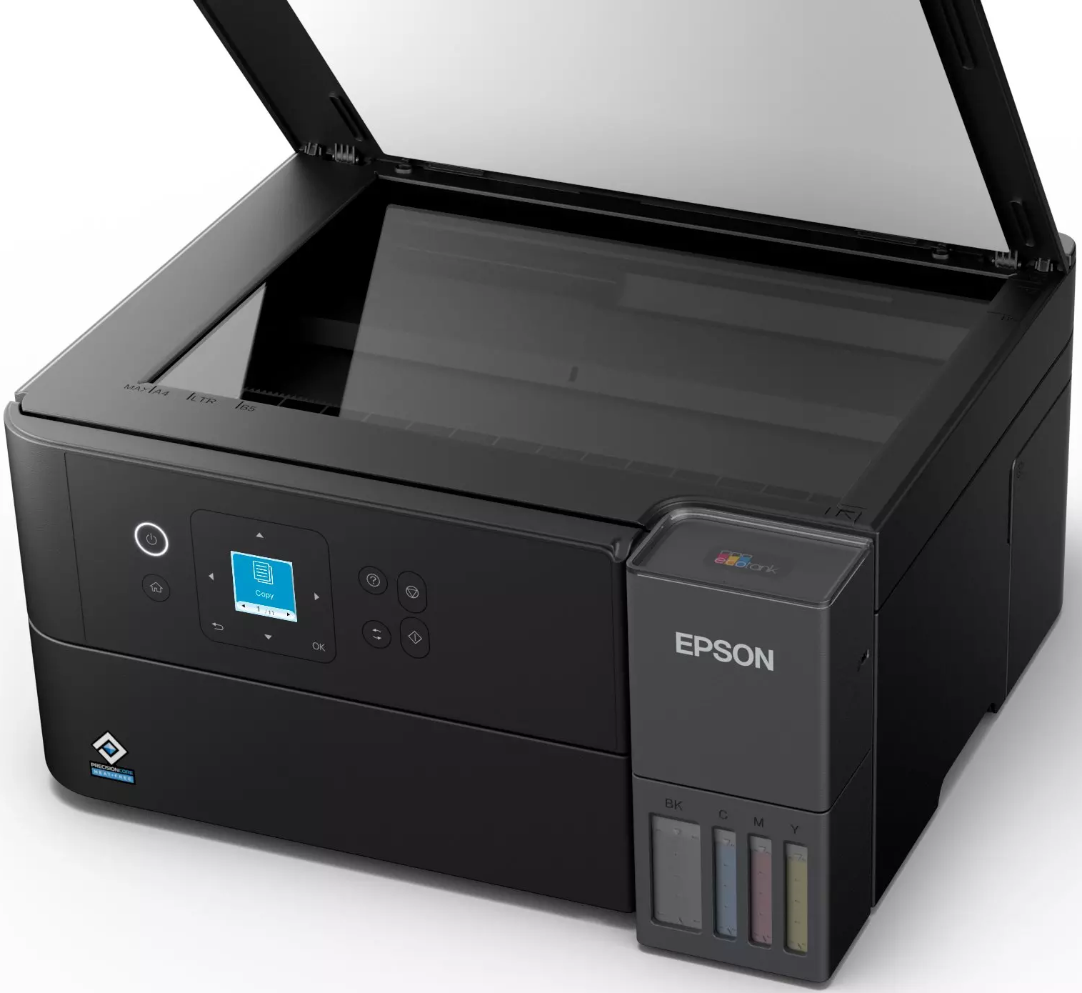 Una stampante Epson nera con il coperchio aperto. Ha un pannello di controllo e serbatoi d'inchiostro visibili. Lo sfondo è bianco.