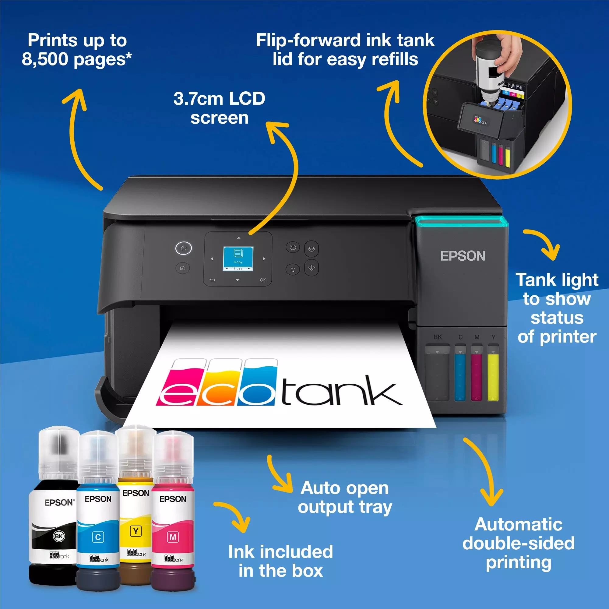 Viene mostrata una stampante Epson EcoTank con flaconi di inchiostro, uno schermo ed etichette che indicano funzioni come la stampa fronte-retro.