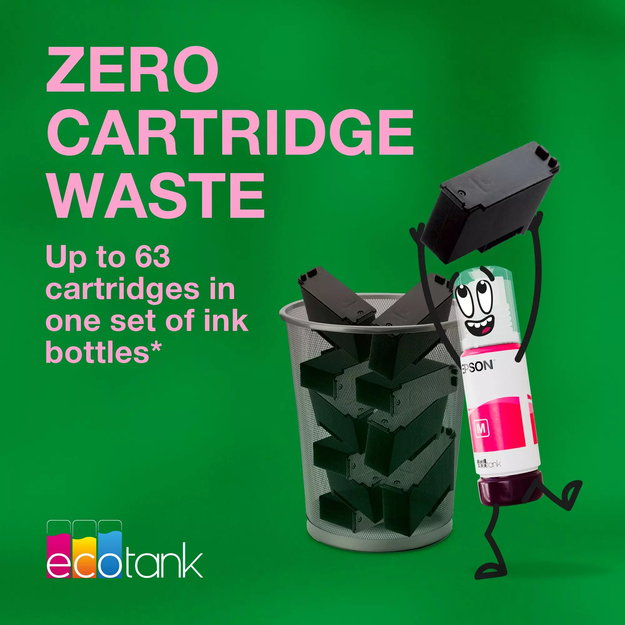 Un'immagine che promuove Epson EcoTank con un personaggio a forma di bottiglia d'inchiostro dei cartoni animati e un cestino di cartucce d'inchiostro, sfondo verde.