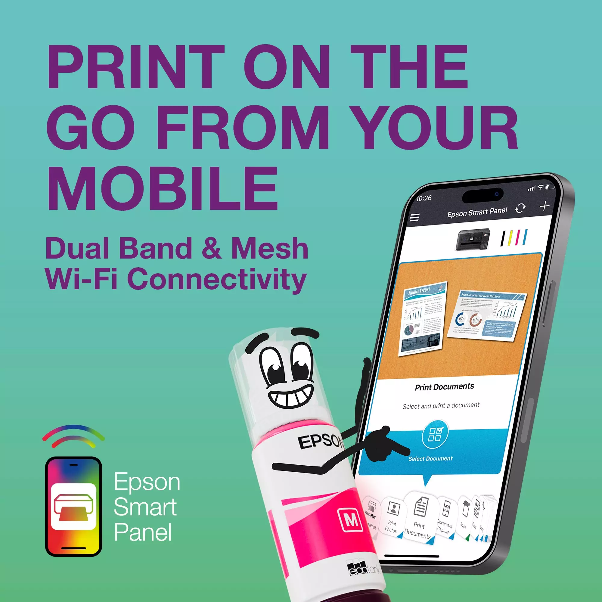 Un personaggio di una bottiglia di inchiostro Epson indica lo schermo di un telefono che mostra l'app Epson Smart Panel. Il telefono mostra le opzioni di stampa.