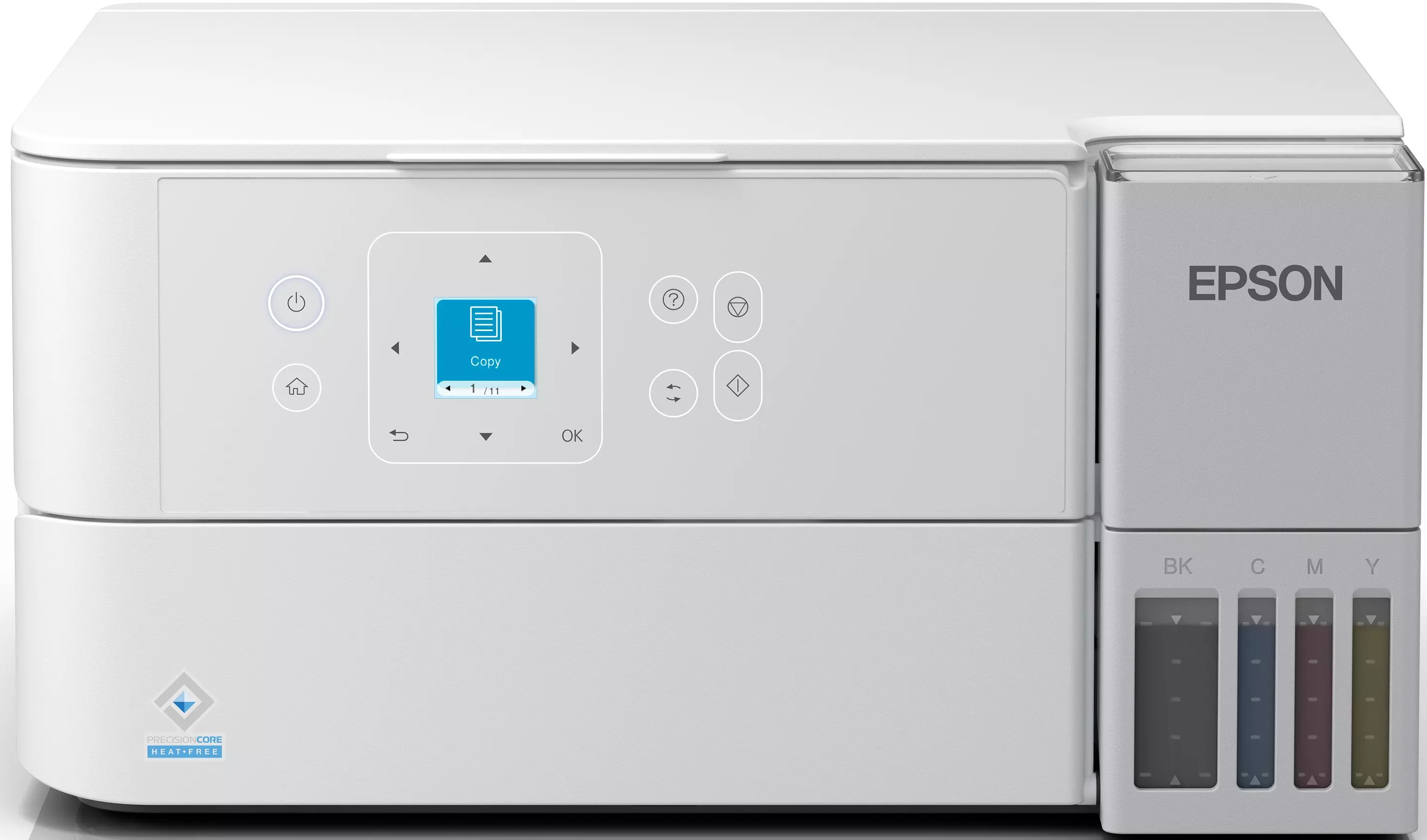 Stampante Epson bianca. Ha un pannello di controllo con schermo e pulsanti. I serbatoi d'inchiostro sono visibili sul lato destro con il logo Epson.