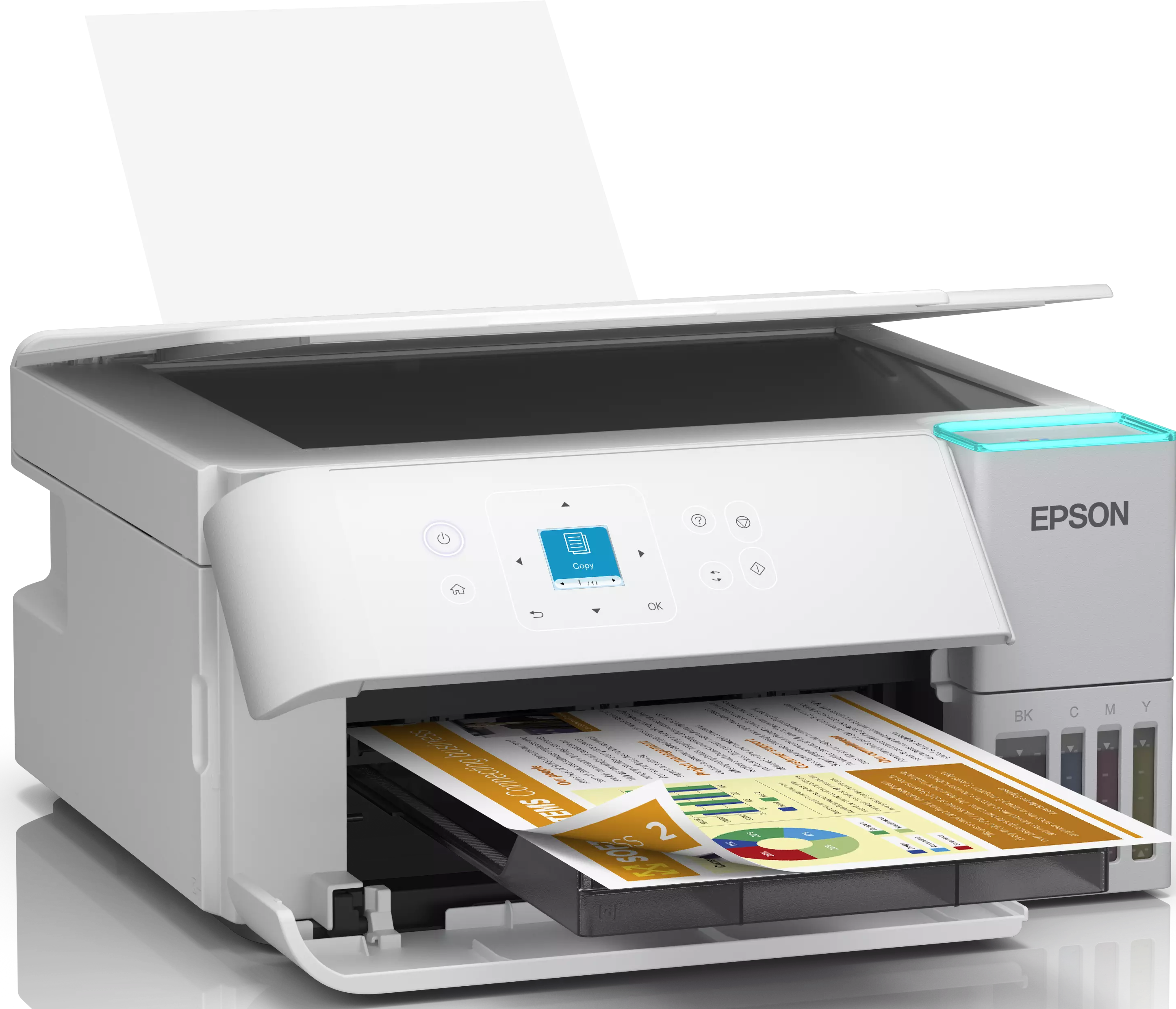 Una stampante Epson bianca con carta all'interno. La stampante è su una superficie nera. Un documento è stampato.