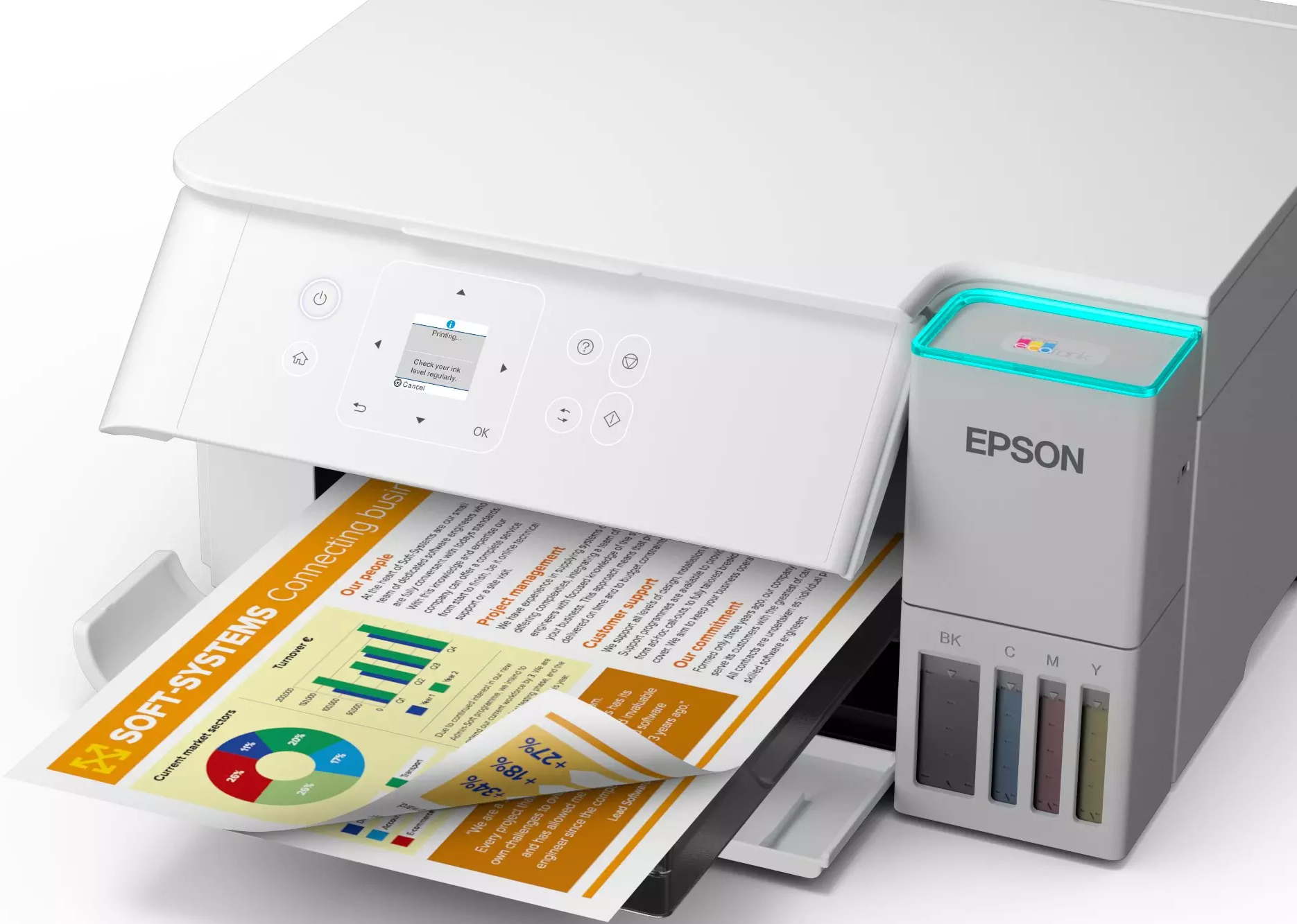 Una stampante Epson bianca sta stampando un documento. Il documento mostra un rapporto finanziario di un'azienda con grafici e dati.