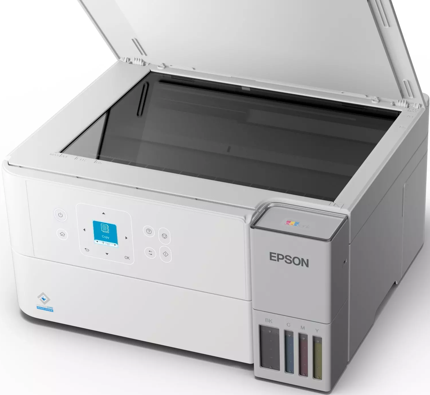 Stampante Epson bianca con coperchio aperto. Pulsanti e piccolo schermo frontale. Serbatoi d'inchiostro con etichette colorate.