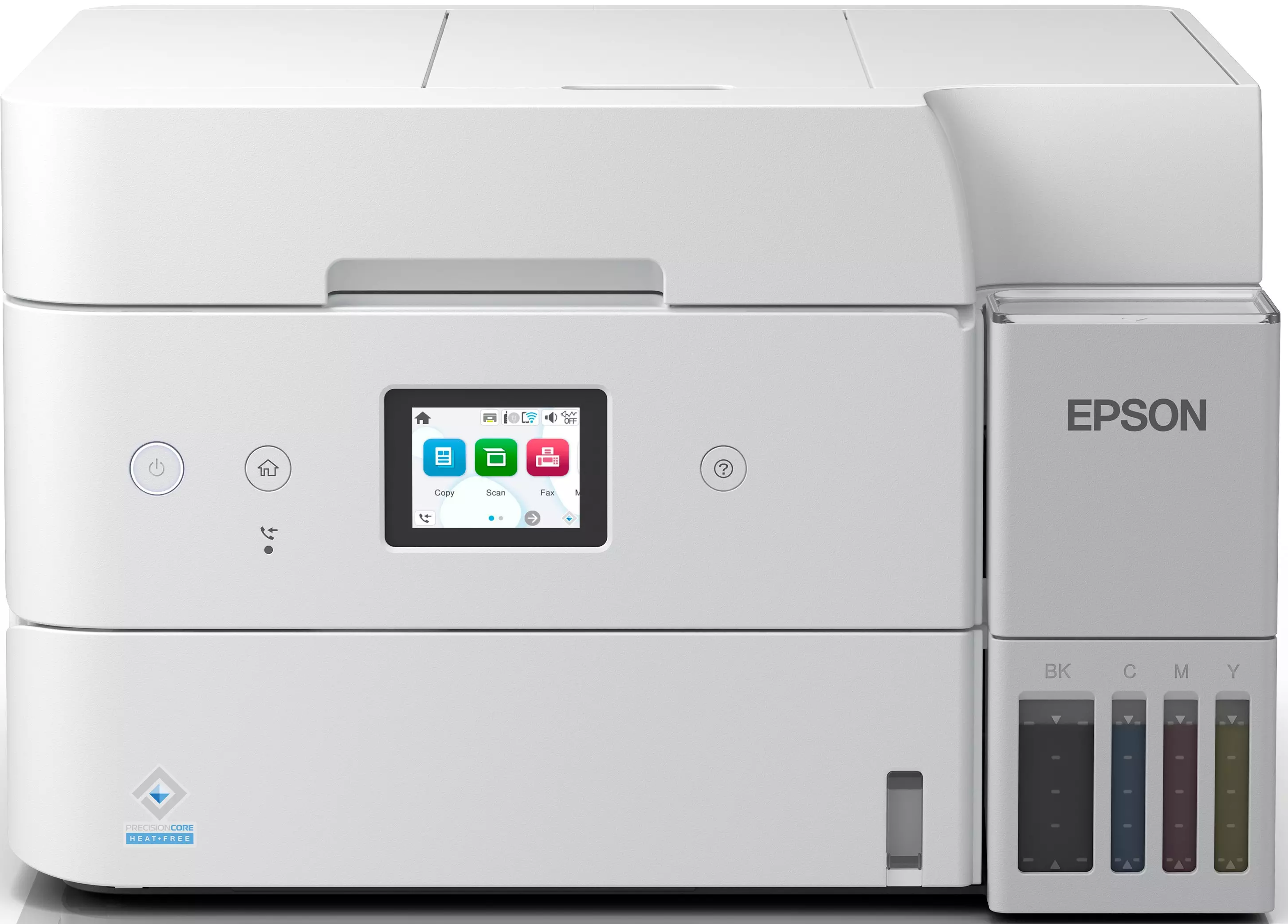 Una stampante Epson bianca con schermo e serbatoi d'inchiostro. Ha opzioni di copia, scansione e fax. I colori dell'inchiostro sono nero, ciano, magenta e giallo.