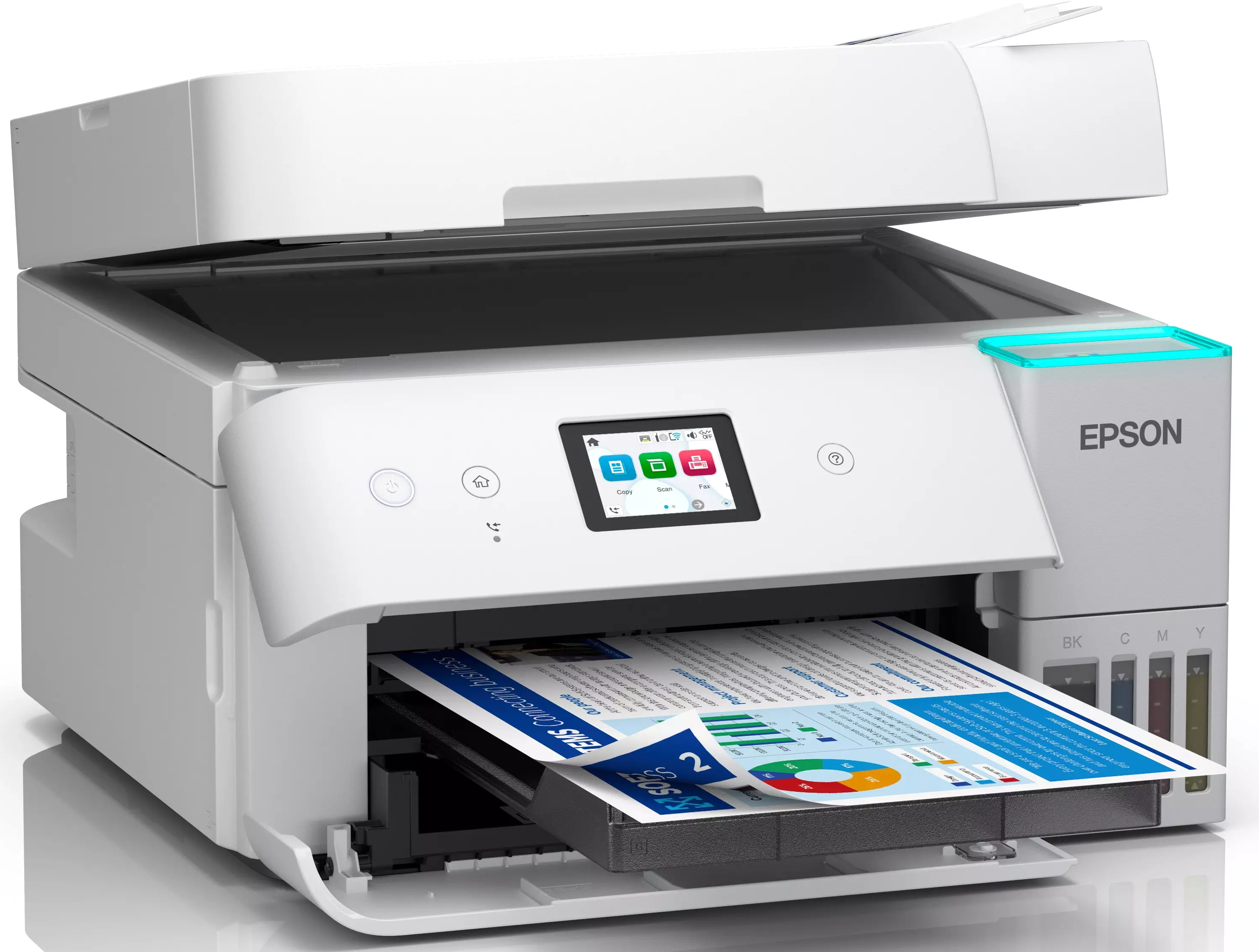 Una stampante Epson bianca sta stampando un documento con grafici colorati. Il coperchio della stampante è aperto.