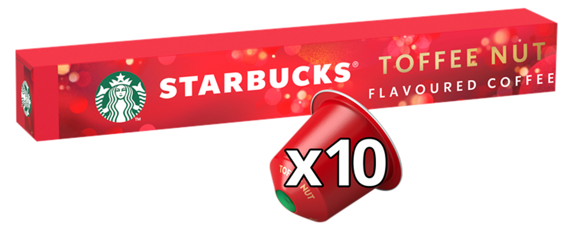 Rote Starbucks Toffee Nut Flavour Kaffee-Box und eine Kaffeekapsel mit 'X10'. Schwarzer Hintergrund.