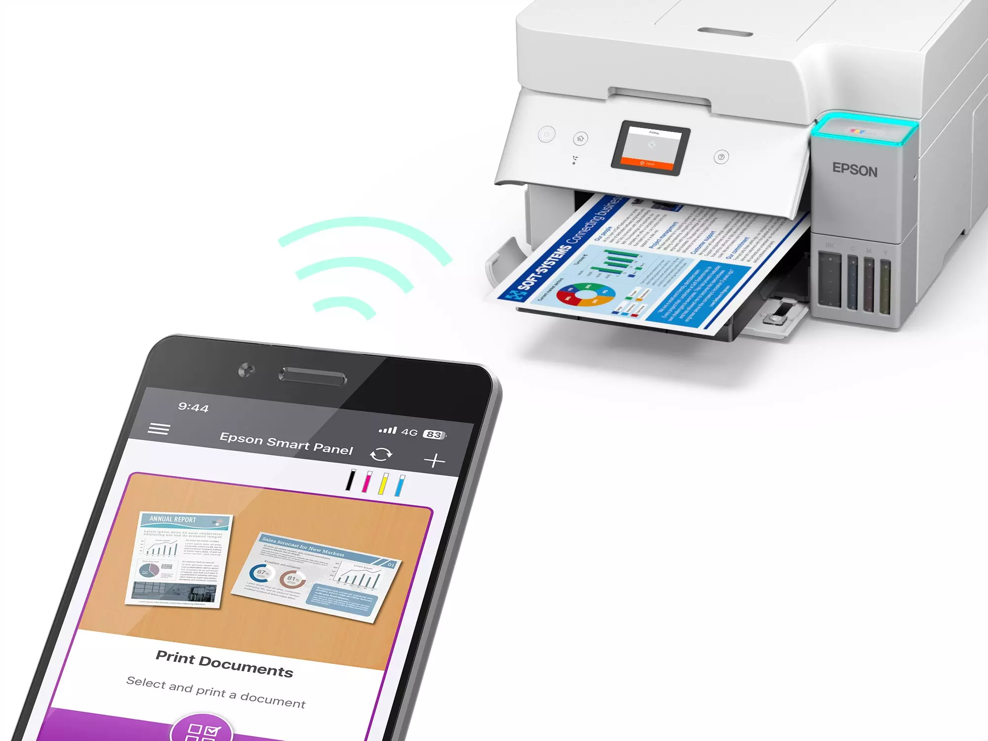 Uno smartphone mostra un documento da stampare in modalità wireless su una stampante Epson. La stampante sta stampando un documento.