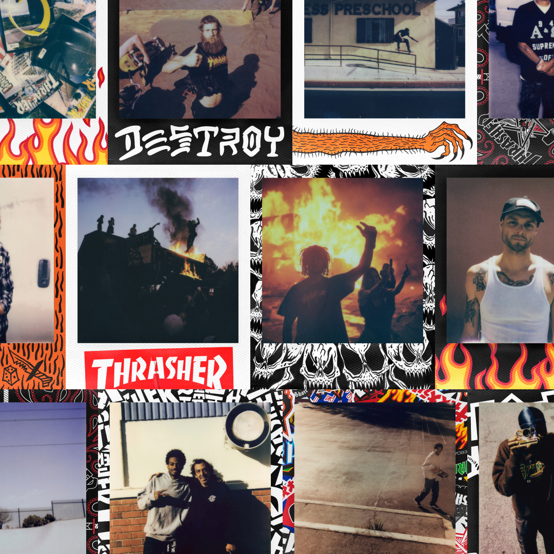 Eine Collage von Bildern. Enthält einen Mann mit langem Bart, einen Skater auf einer Mauer, Feuer, 'THRASHER'-Logo und Personen.