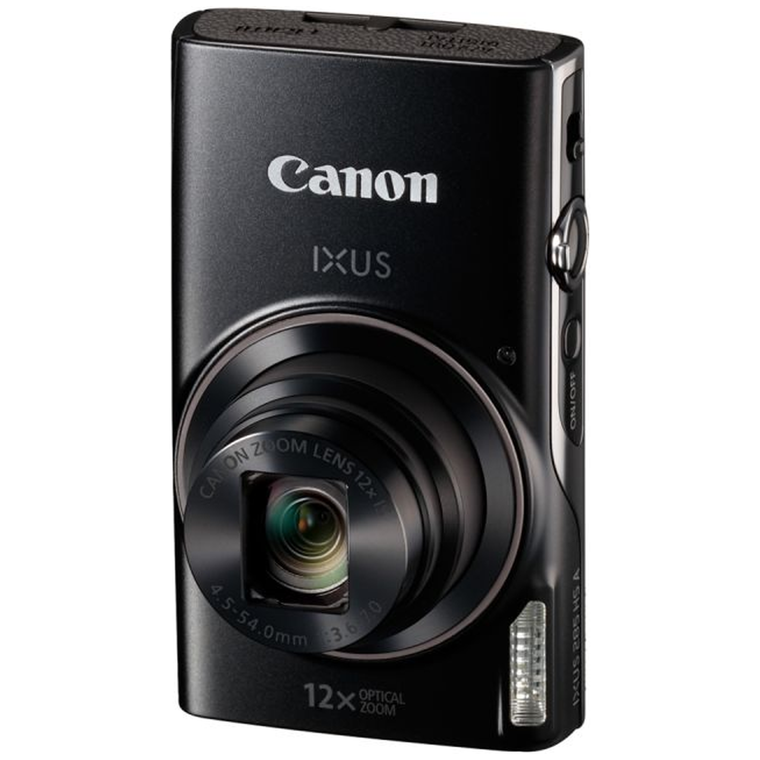 A black Canon IXUS camera with a zoom lens is presented. The camera has a silver on/off button, a flash, and model information.