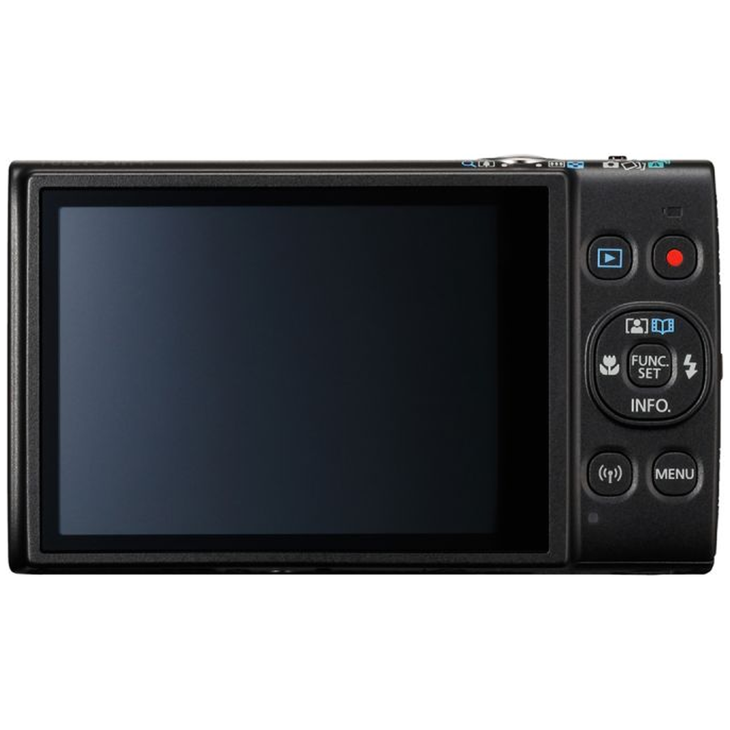 Black digital camera rear view. It has a screen, buttons, and a red record button. The screen is off. 