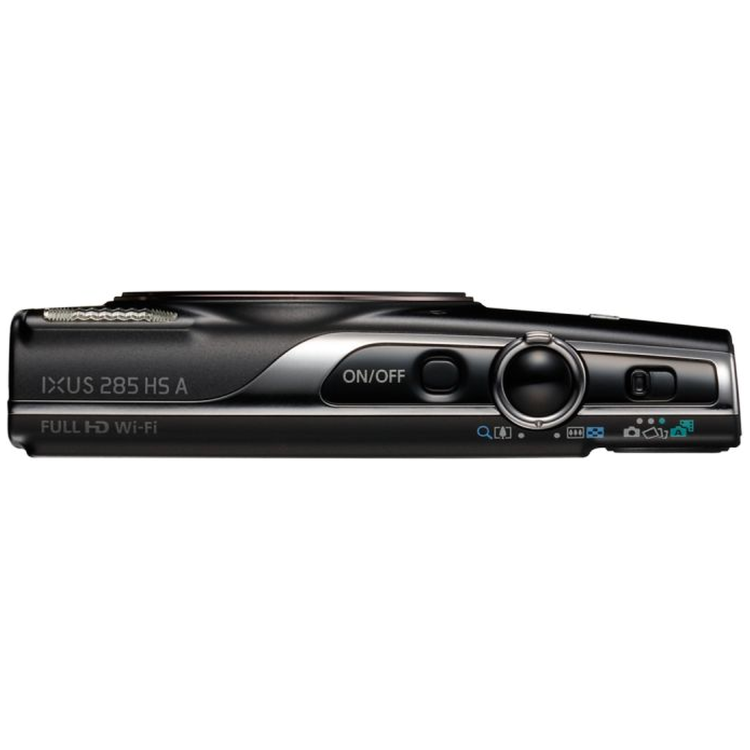 A black digital camera, model IXUS 285 HS A, has an on/off button and a dial. It also has Wi-Fi and other function symbols.