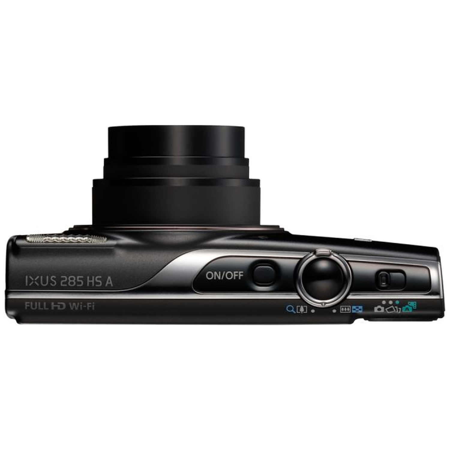 A black Canon IXUS 285 HS A camera, top view. It has a lens, buttons, and a power button. The camera is on a white background.