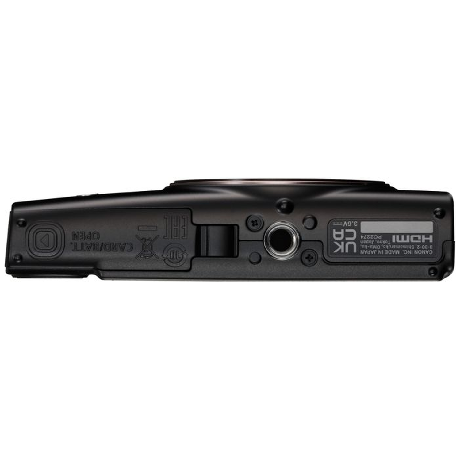 Black camera base with text labels, a battery/card slot, and various ports. Details include brand and manufacturing information.