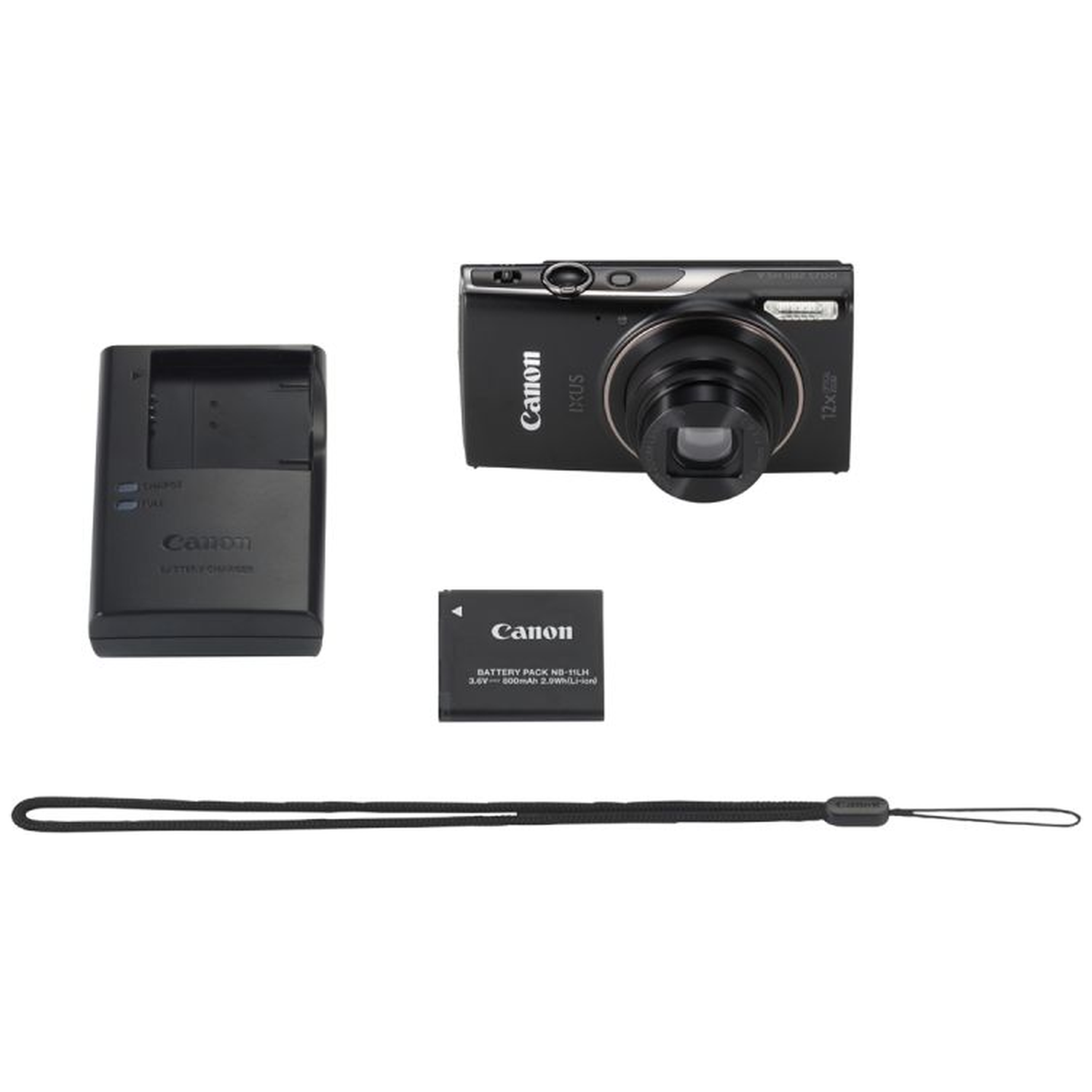 A Canon camera kit includes a black camera, battery, charger, and wrist strap, all on a white background. The camera is black.