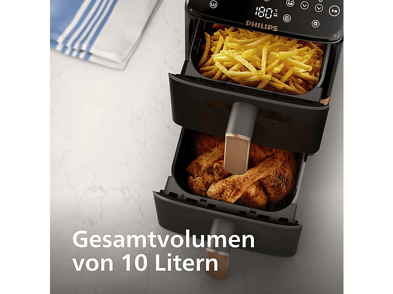 PHILIPS NA462/70 Airfryer 4000 Series Stacked Dual Basket, 10L Kapazität (5+5L), RapidAir Technologie, kupfer Griff Heißluftfritteuse