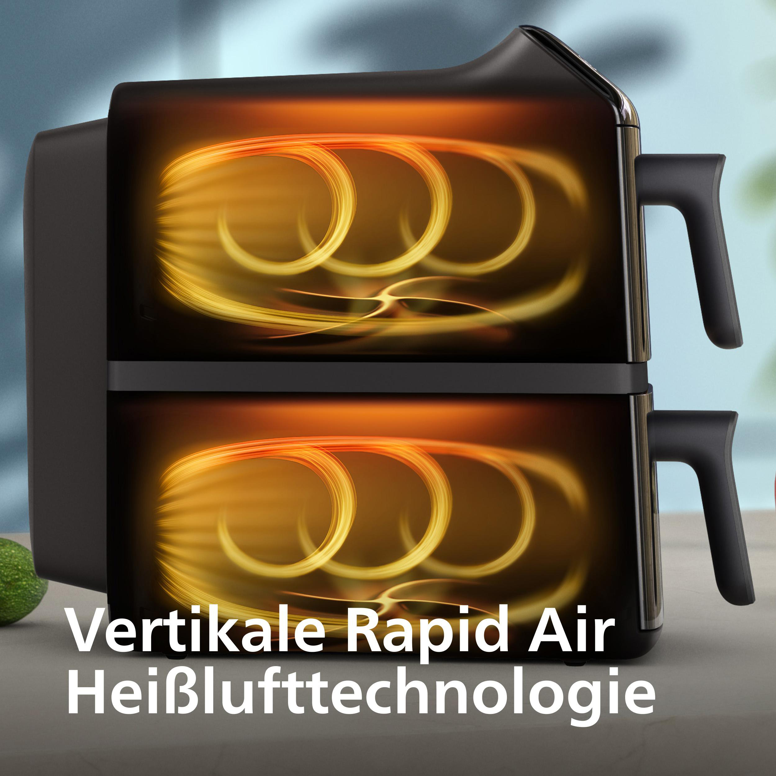Eine Heißluftfritteuse mit Lichtspuren im Inneren. Der Text lautet: Vertikale Rapid Air Heißlufttechnologie.