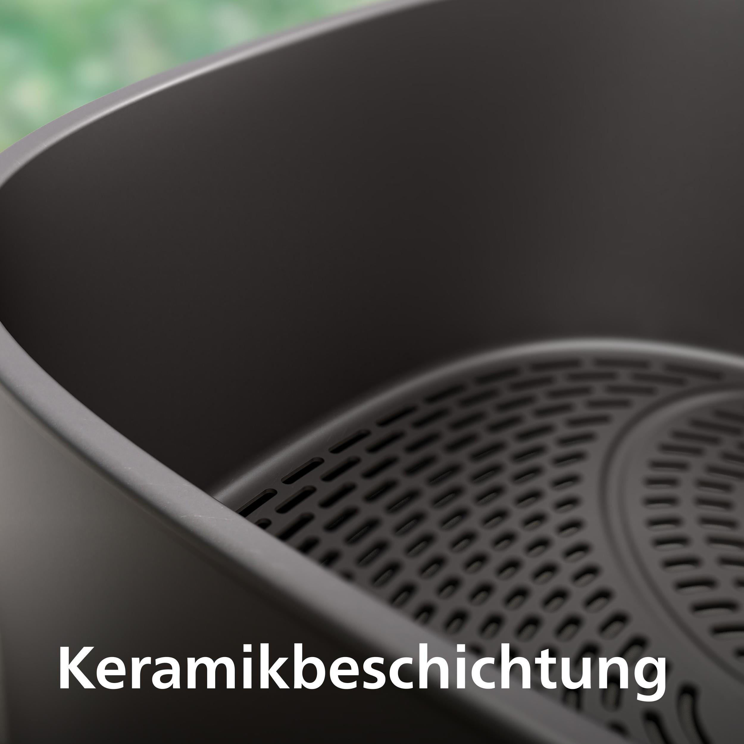 Nahaufnahme eines schwarzen Frittierkorbs mit Keramikbeschichtung, perforiertem Boden und verschwommenem grünen Hintergrund.