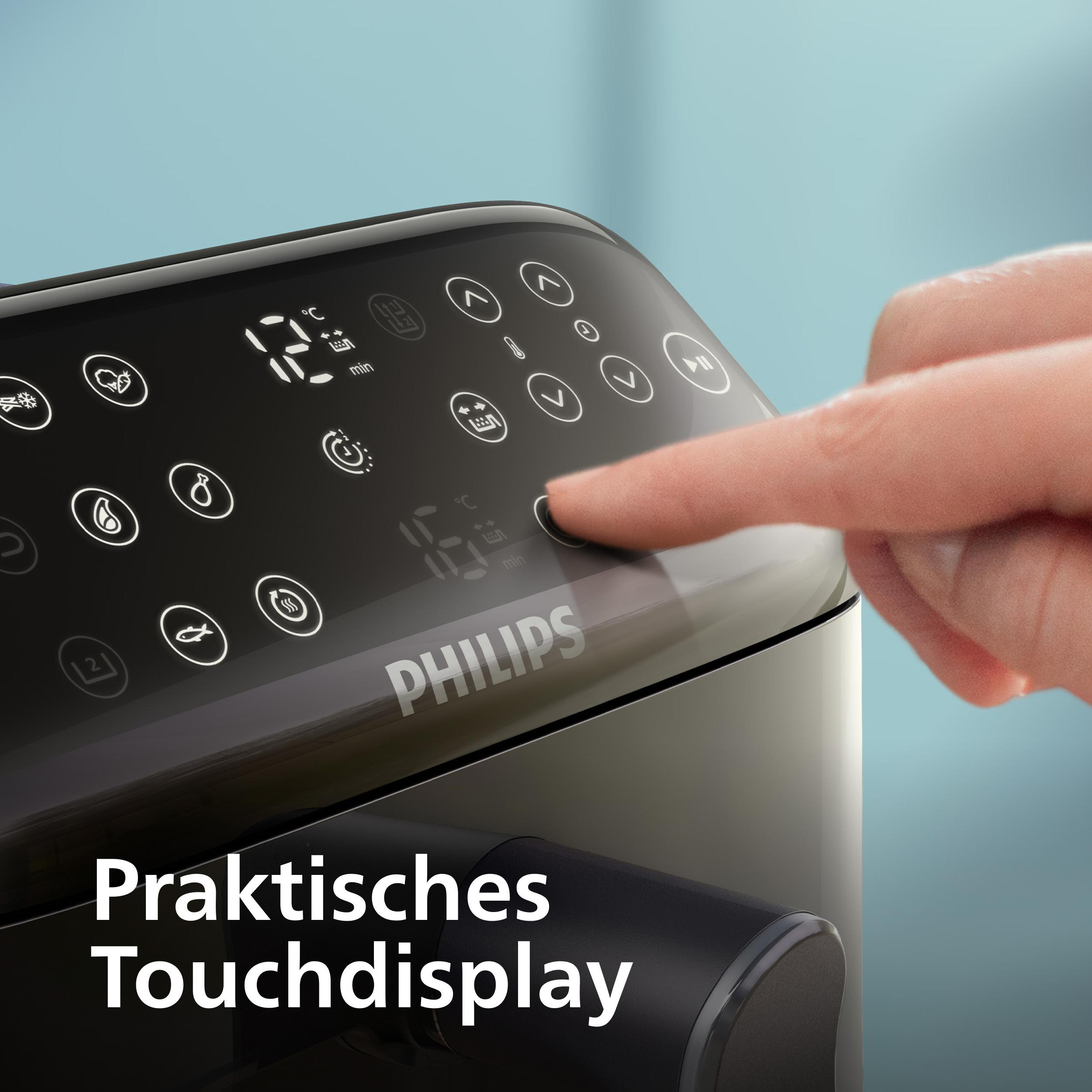 Eine Hand berührt das Touch-Display eines schwarzen Philips-Heißluftfritteuse. Das Display zeigt Temperatur und Zeit.