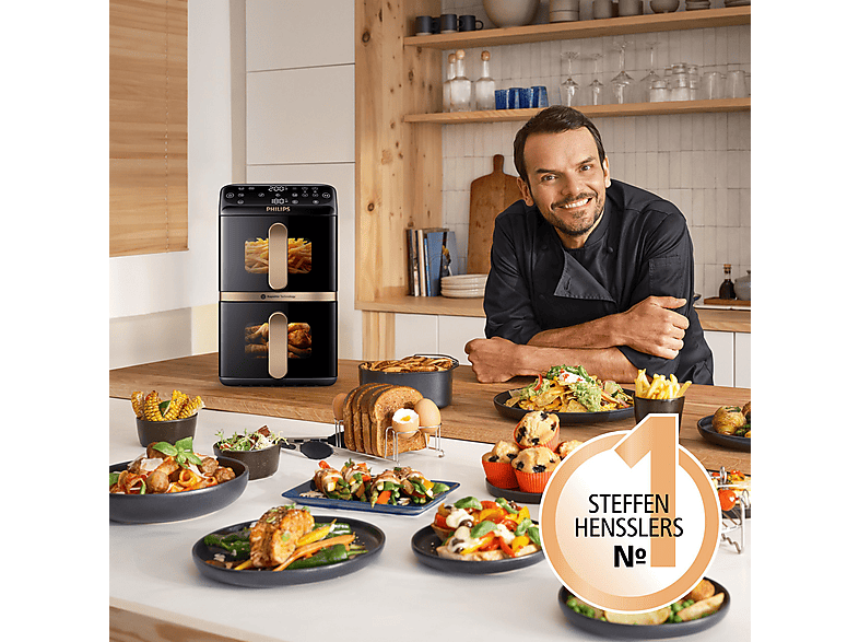 PHILIPS NA462/70 Airfryer 4000 Series Stacked Dual Basket, 10L Kapazität (5+5L), RapidAir Technologie, kupfer Griff Heißluftfritteuse