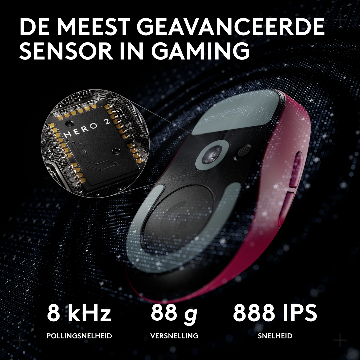 Afbeelding toont een gamingmuis met een gedetailleerde sensor, waarbij de functies met tekst worden benadrukt. De achtergrond is donker met heldere deeltjes.