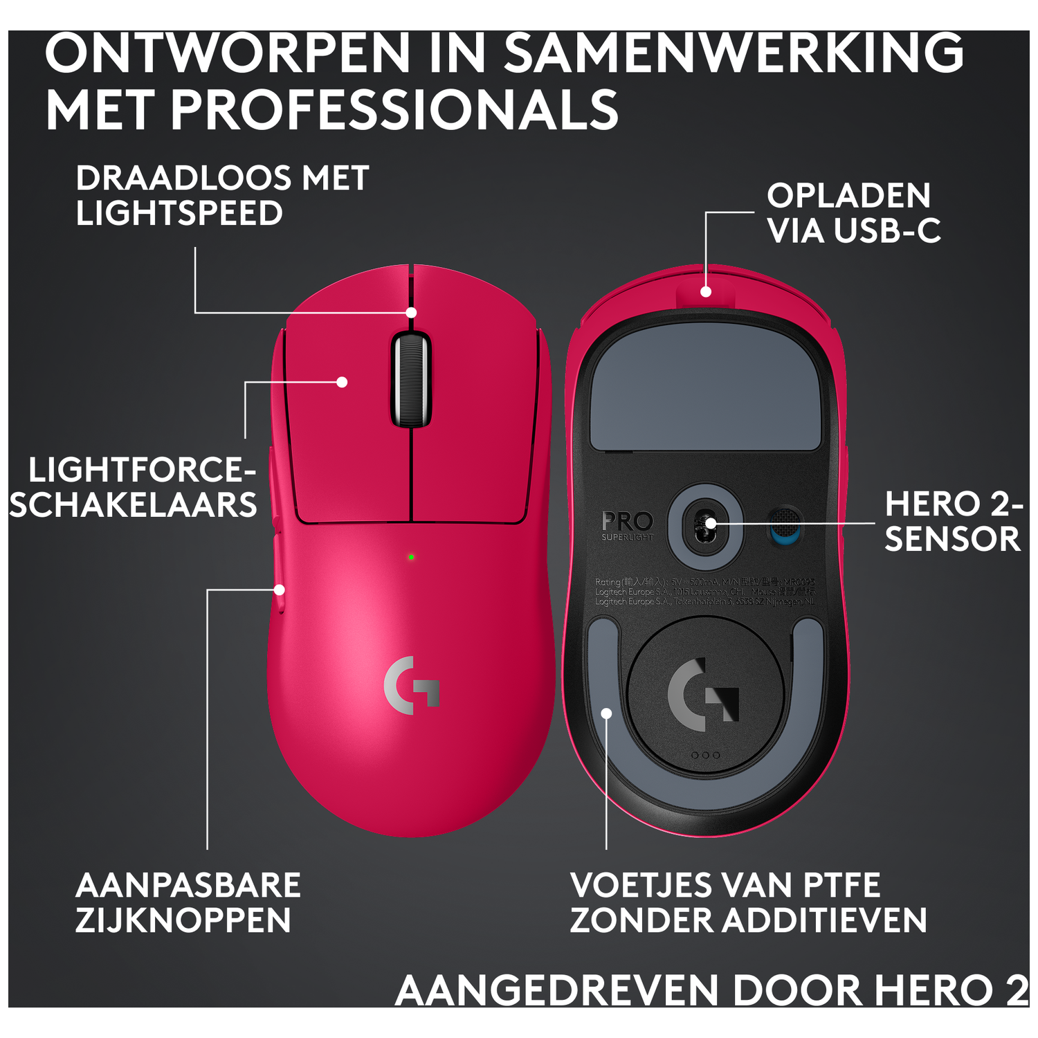 Een roze Logitech Pro Superlight muis, boven- en onderaanzicht. Met Lightforce-schakelaars, USB-C opladen en Hero 2 sensor.