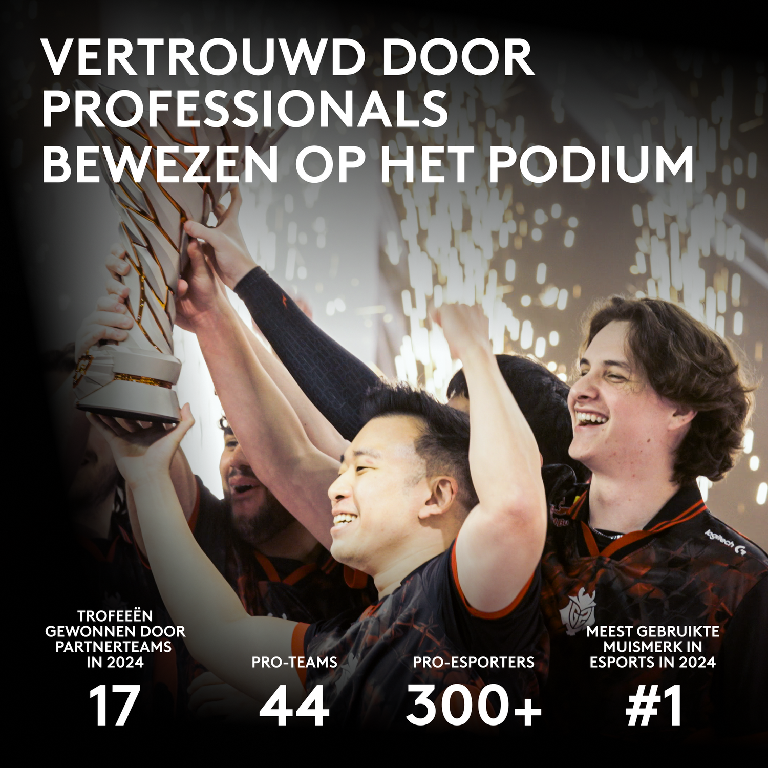 Mensen houden een trofee vast, vieren. Tekst bevat 'Professionals', 'Pro-teams', 'Pro-esporters' en statistieken over esports.