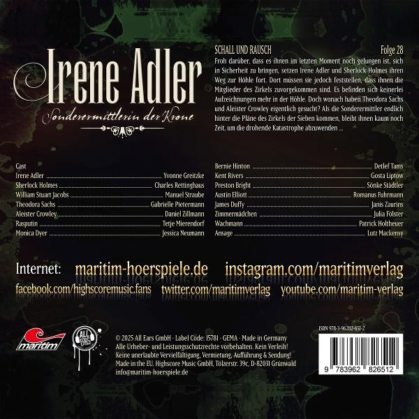 Poster für das Hörspiel 'Irene Adler' mit Besetzung, Credits und Website-Details. Der Titel ist in eleganter Schrift.