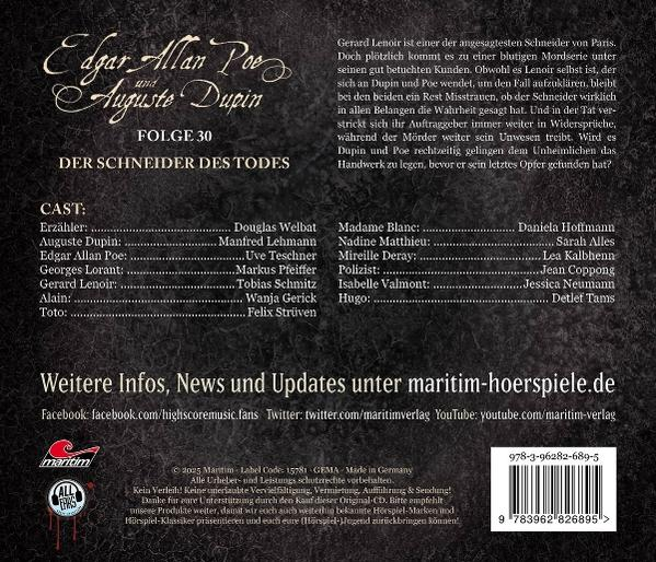 Dunkles Buchcover mit Text, Edgar Allan Poe und Auguste Dupin. Titel: Der Schneider des Todes. Besetzungsliste und Barcode.