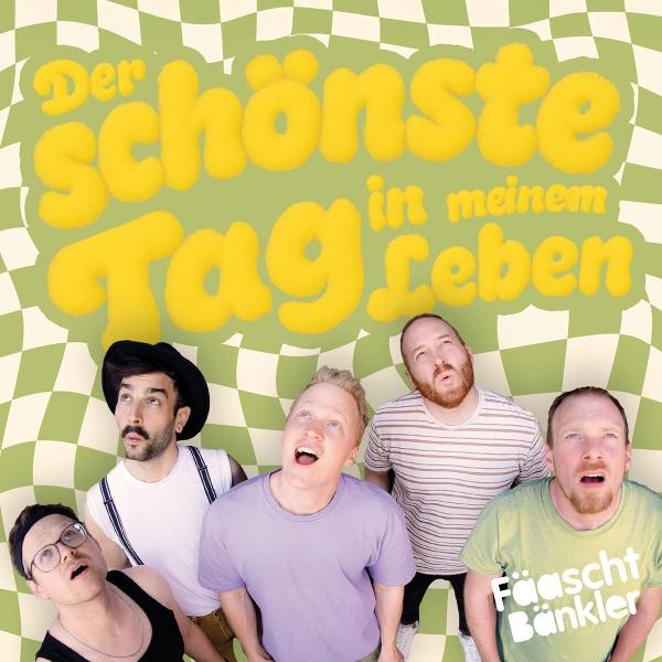 Fünf Männer blicken mit offenem Mund nach oben. Text 'Der Schönste Tag in meinem Leben' über ihnen auf kariertem Hintergrund.