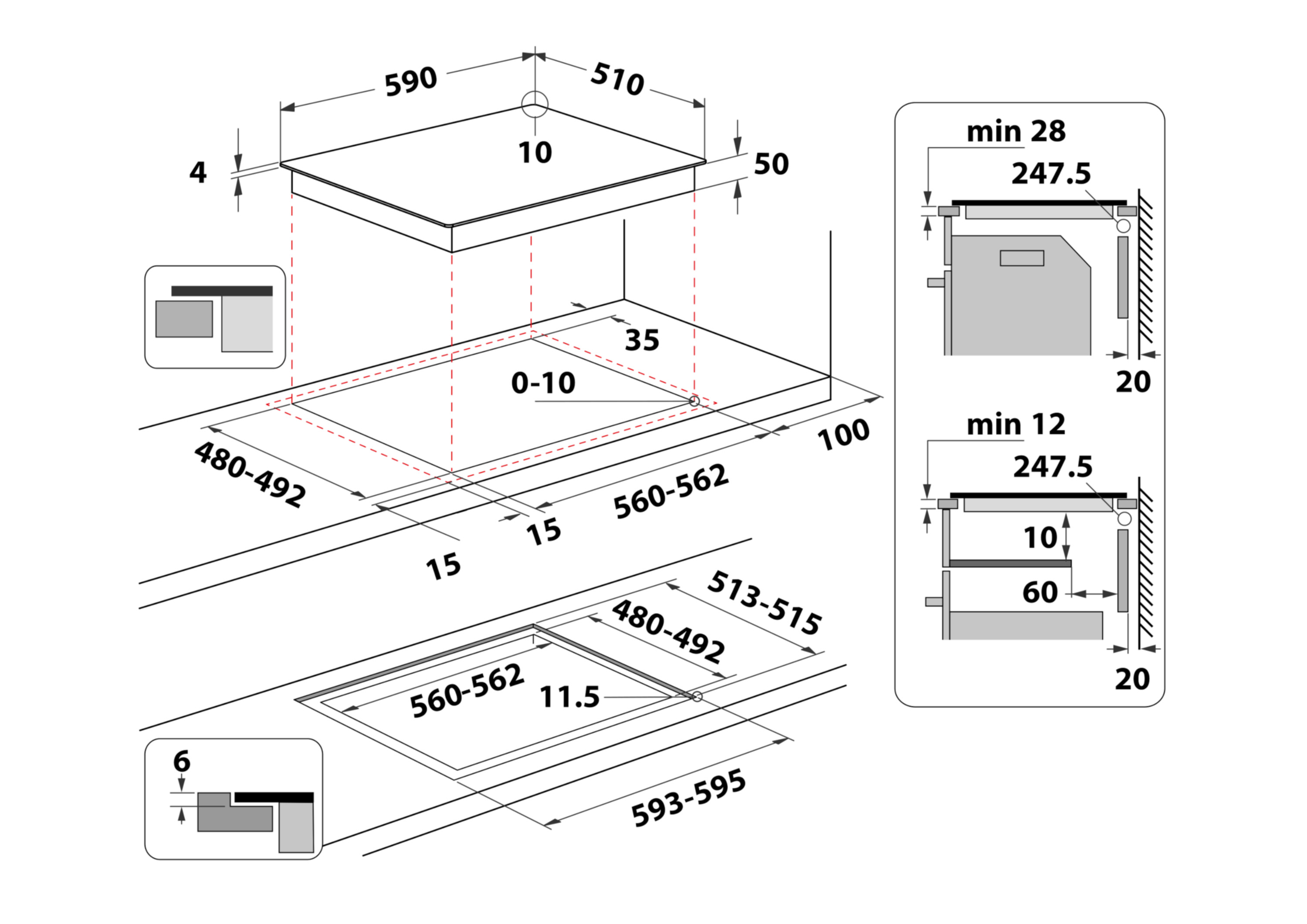 Schemat płyty grzejnej z wymiarami w milimetrach. Zawiera widok z góry i z boku do instalacji.