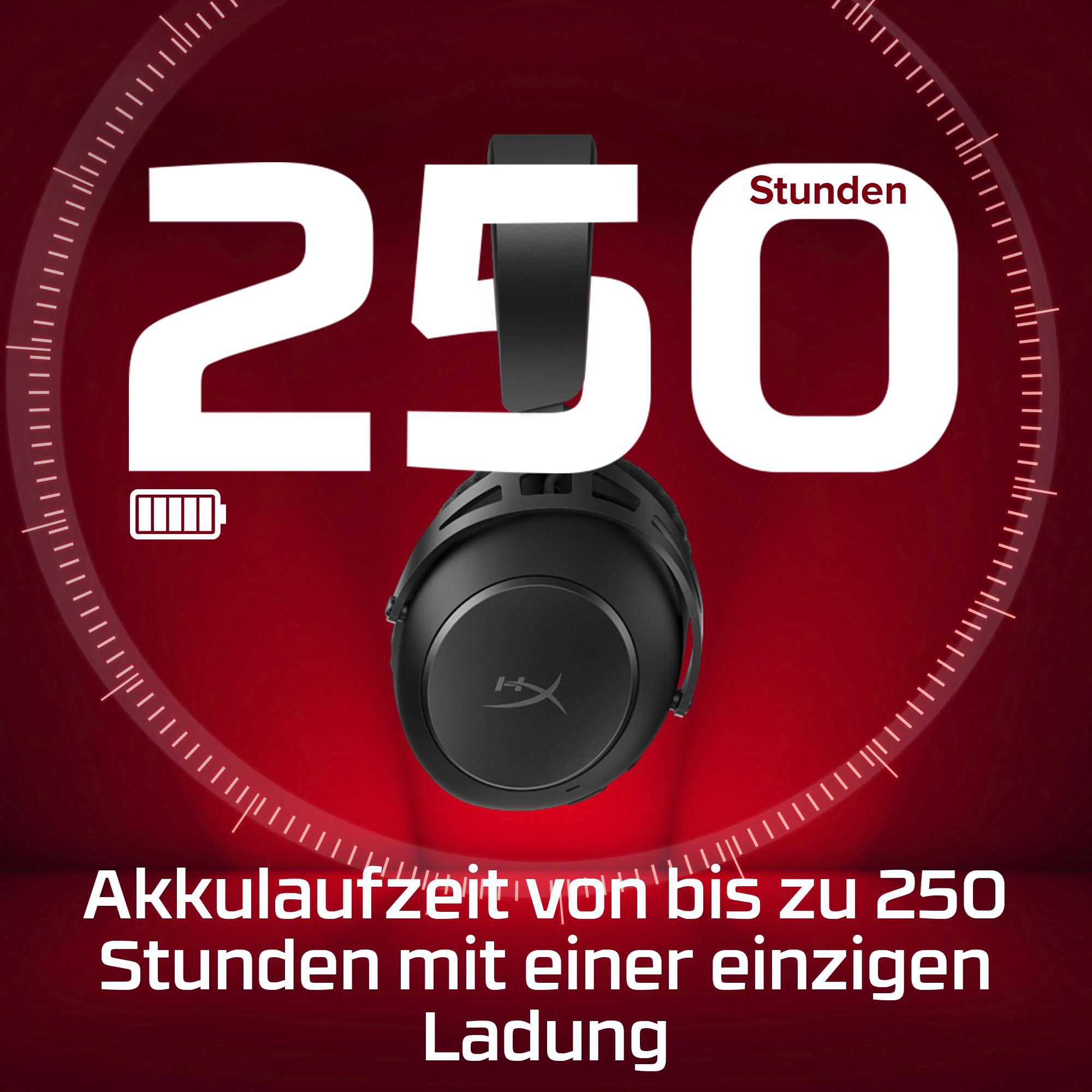 Das Bild zeigt ein schwarzes Headset mit der Zahl 250, einem Akkusymbol und Text zur Akkulaufzeit.