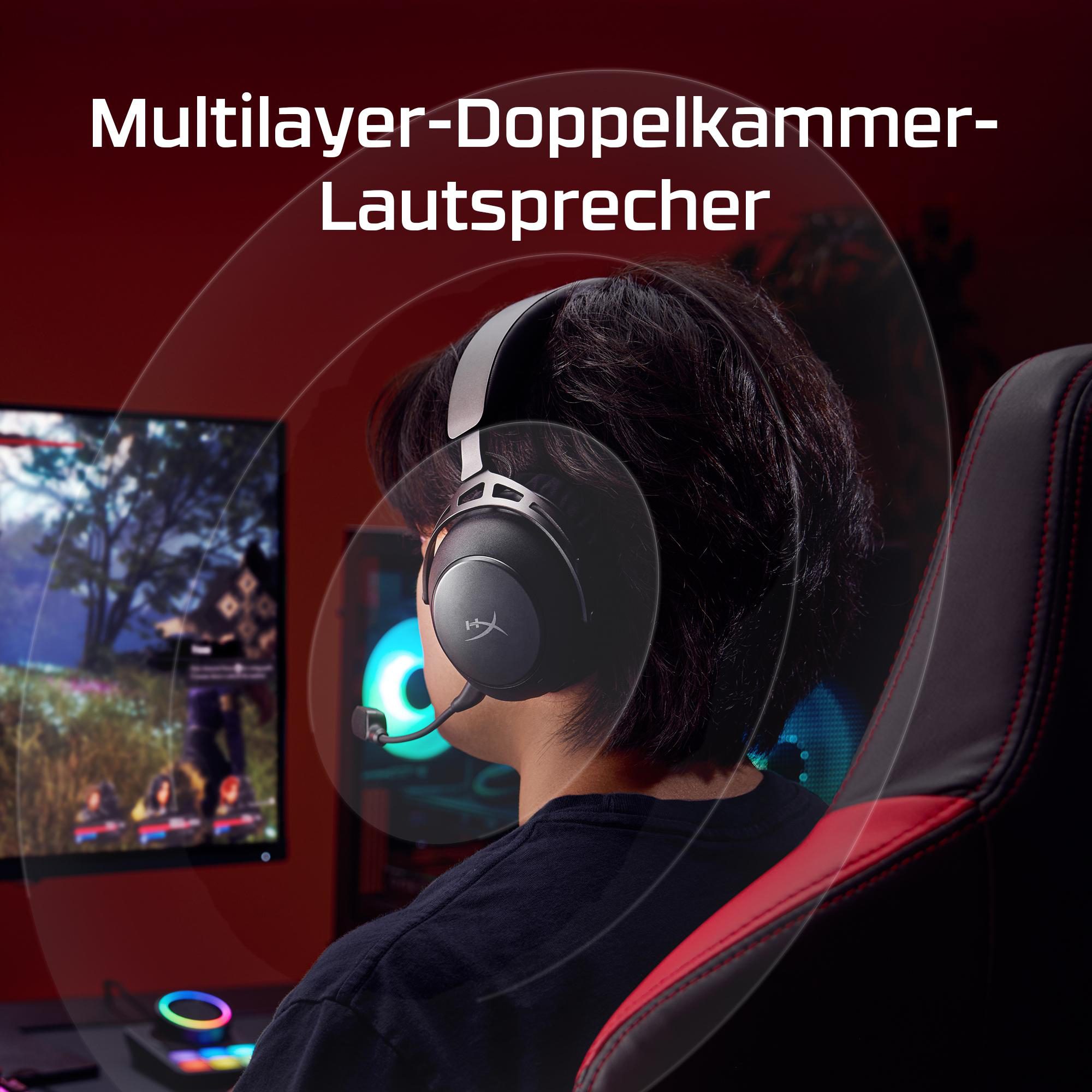 Person trägt Headset, sitzt in einem Gaming-Stuhl. Text-Overlay lautet Multilayer-Doppelkammer-Lautsprecher.
