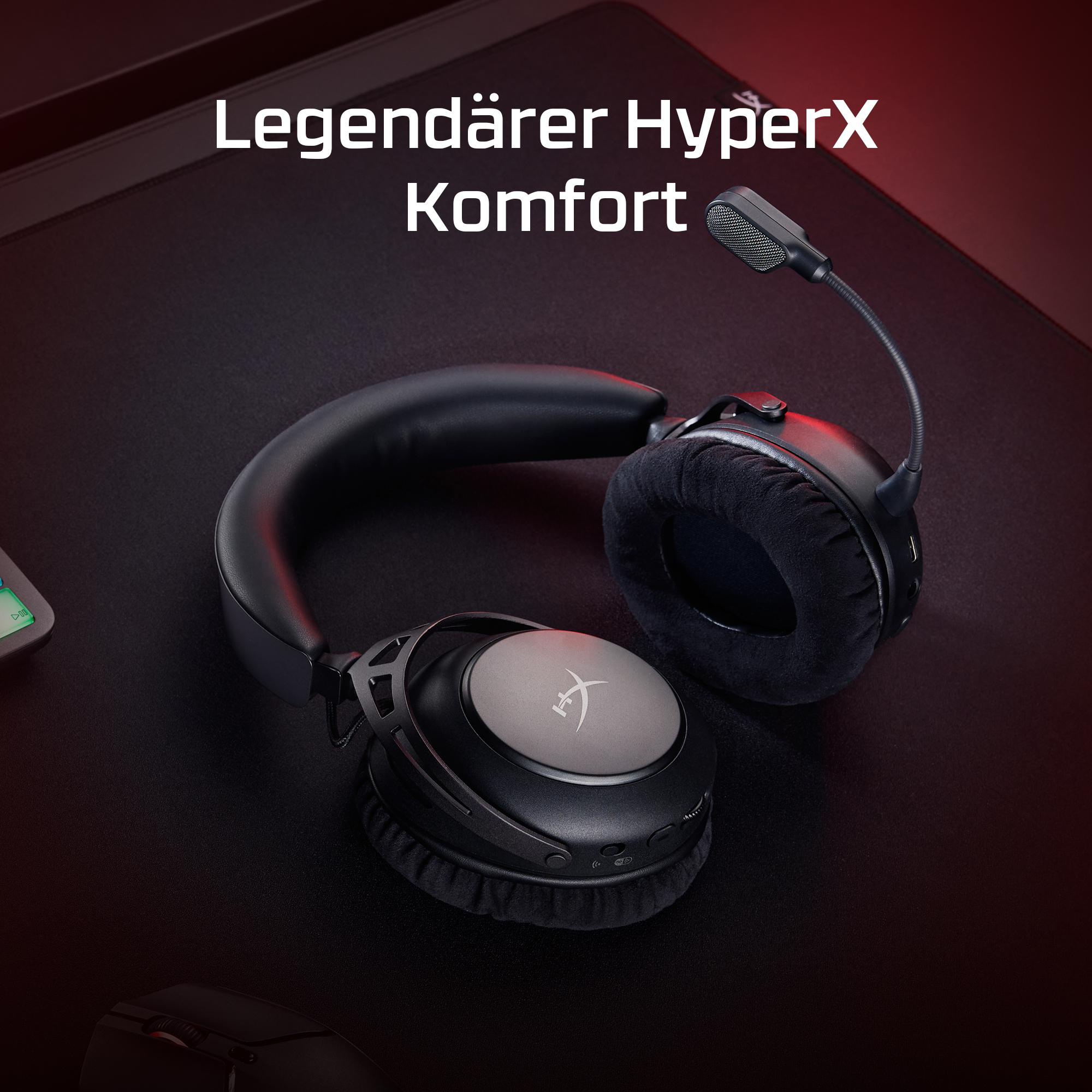 Schwarzes HyperX-Headset mit Mikrofon auf schwarzer Oberfläche. Text oben: 'Legendärer HyperX Komfort'.